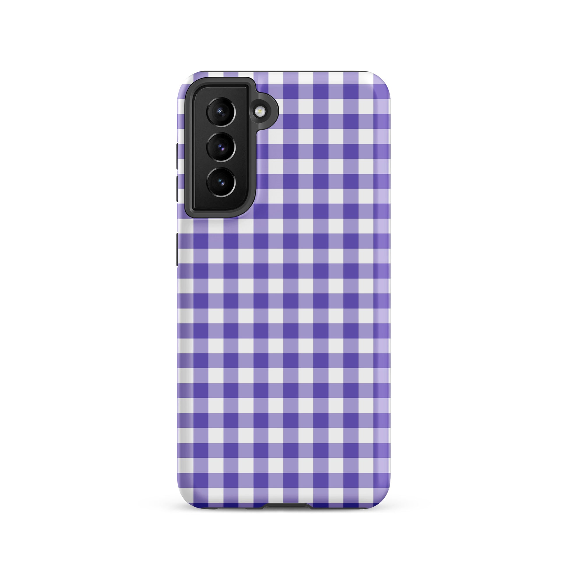 Phone case for Samsung Galaxy with purple gingham pattern, stylish and protective design.