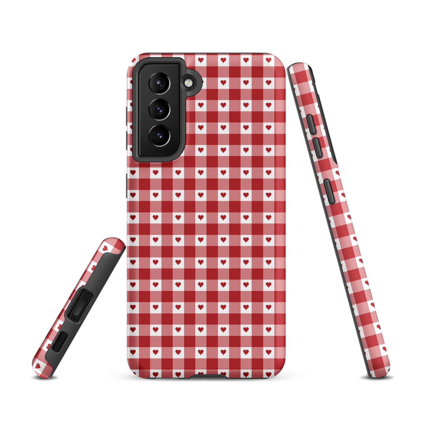 Phone Case for Samsung Galaxy with red gingham heart pattern, showcasing style and durability in a chic accessory design.