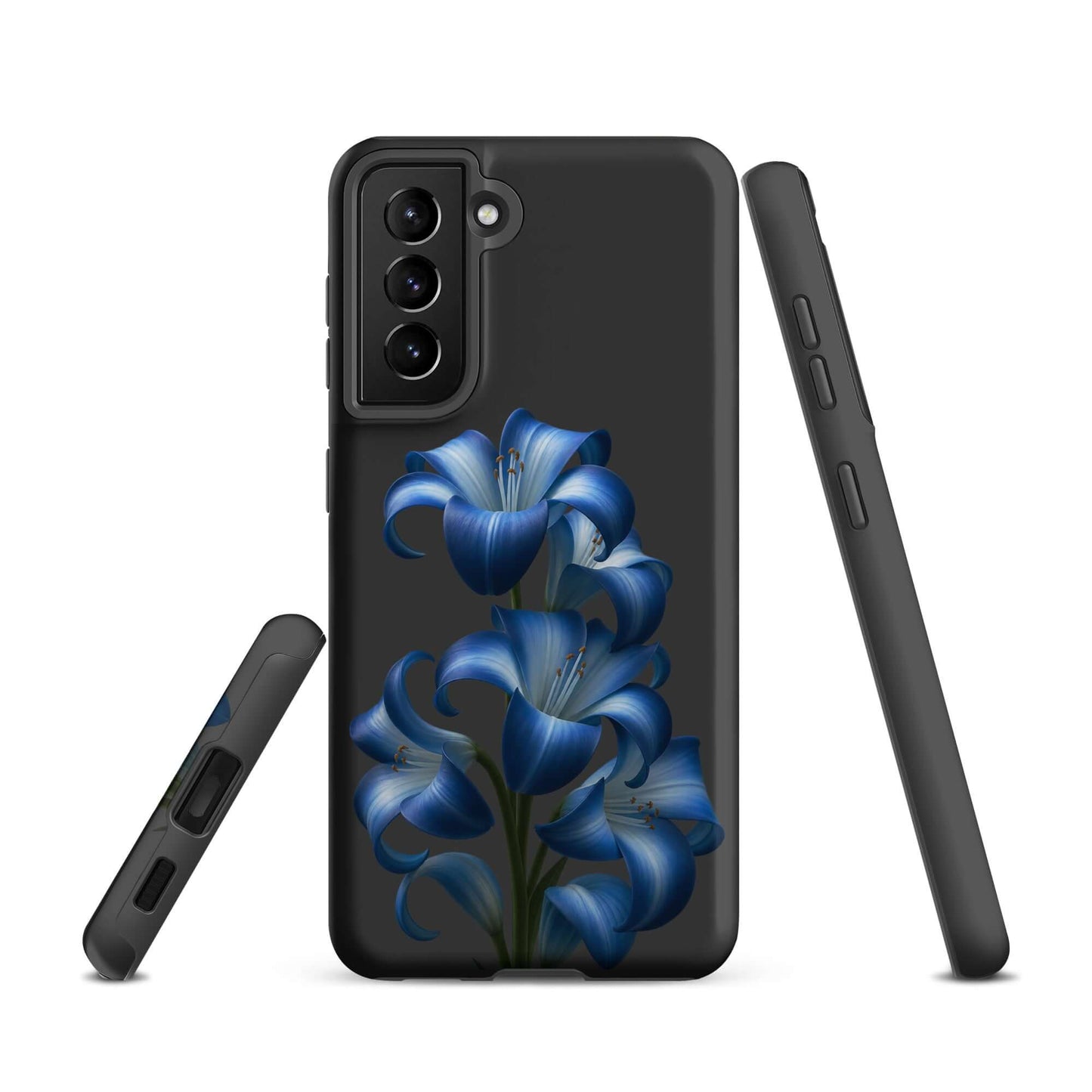 Phone Case for Samsung Galaxy with blue lily bloom design, showcasing a vibrant floral pattern on a sleek black backdrop to protect your device.