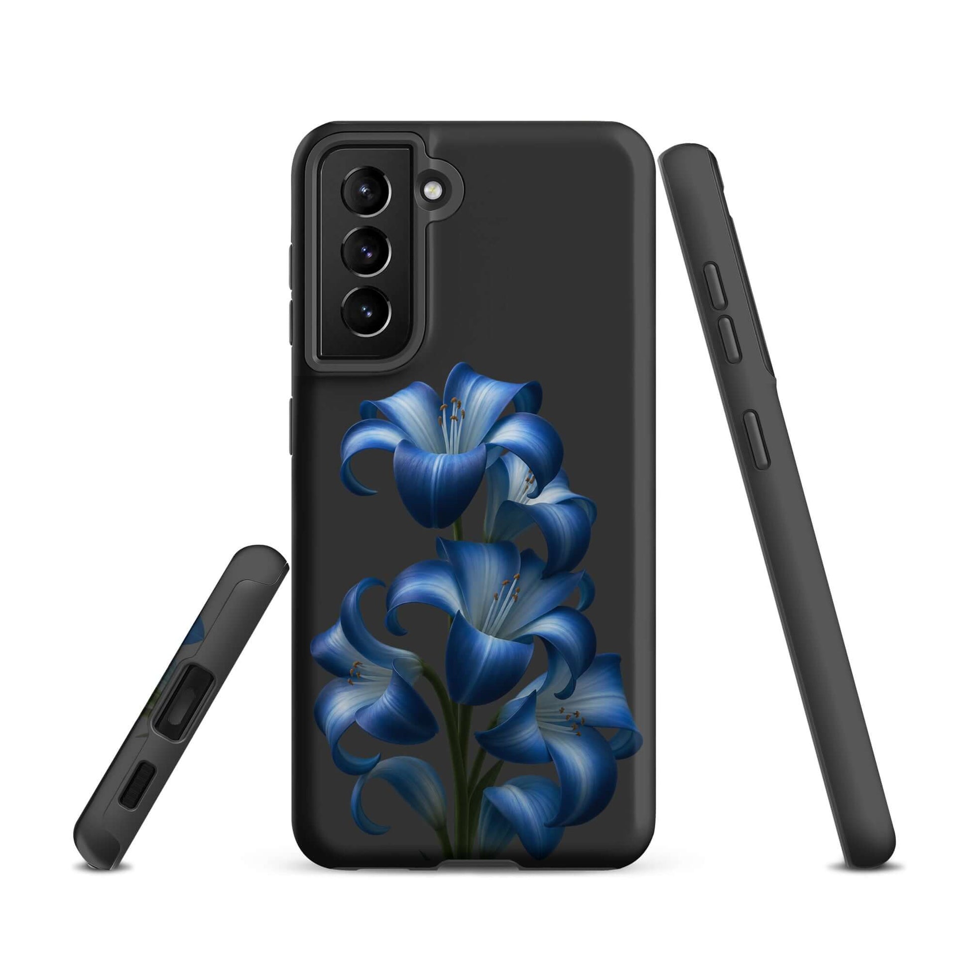 Phone Case for Samsung Galaxy with blue lily bloom design, showcasing a vibrant floral pattern on a sleek black backdrop to protect your device.