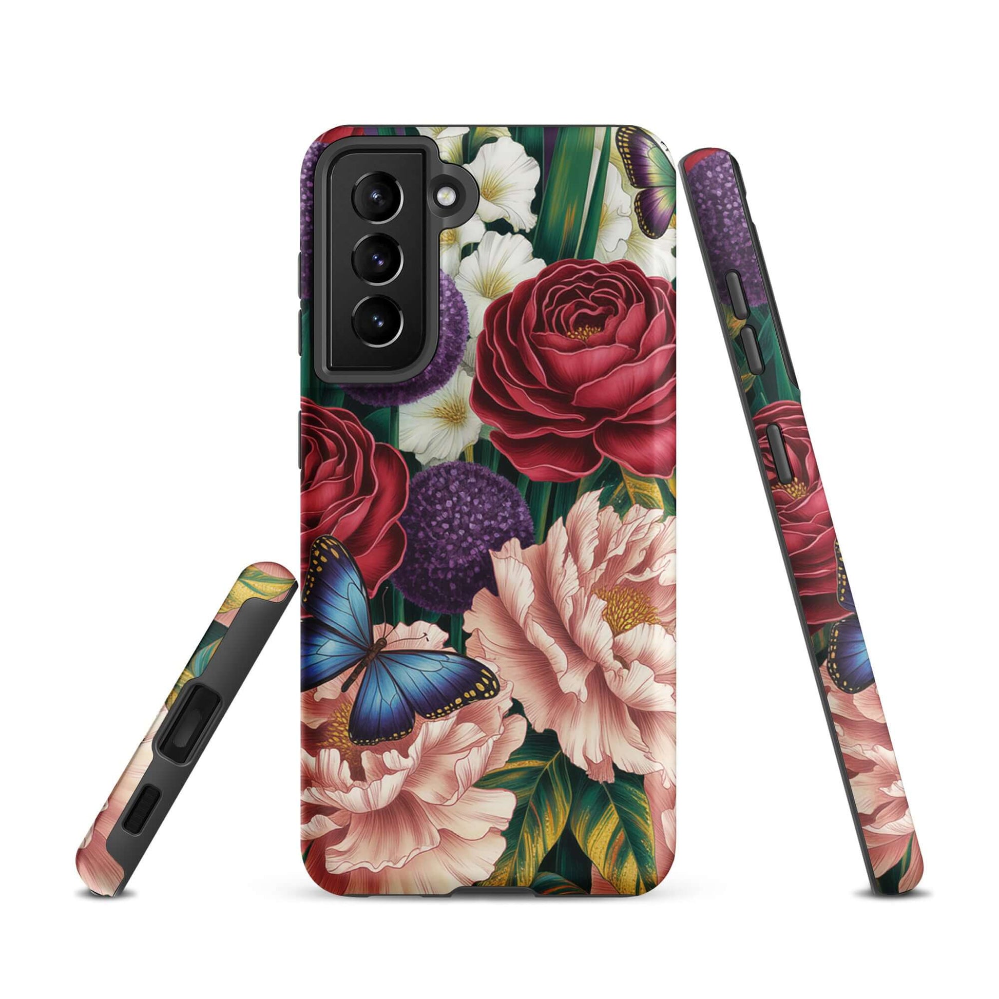 Phone Case for Samsung Galaxy with botanical garden design featuring roses, peonies, purple alliums, and blue butterflies.