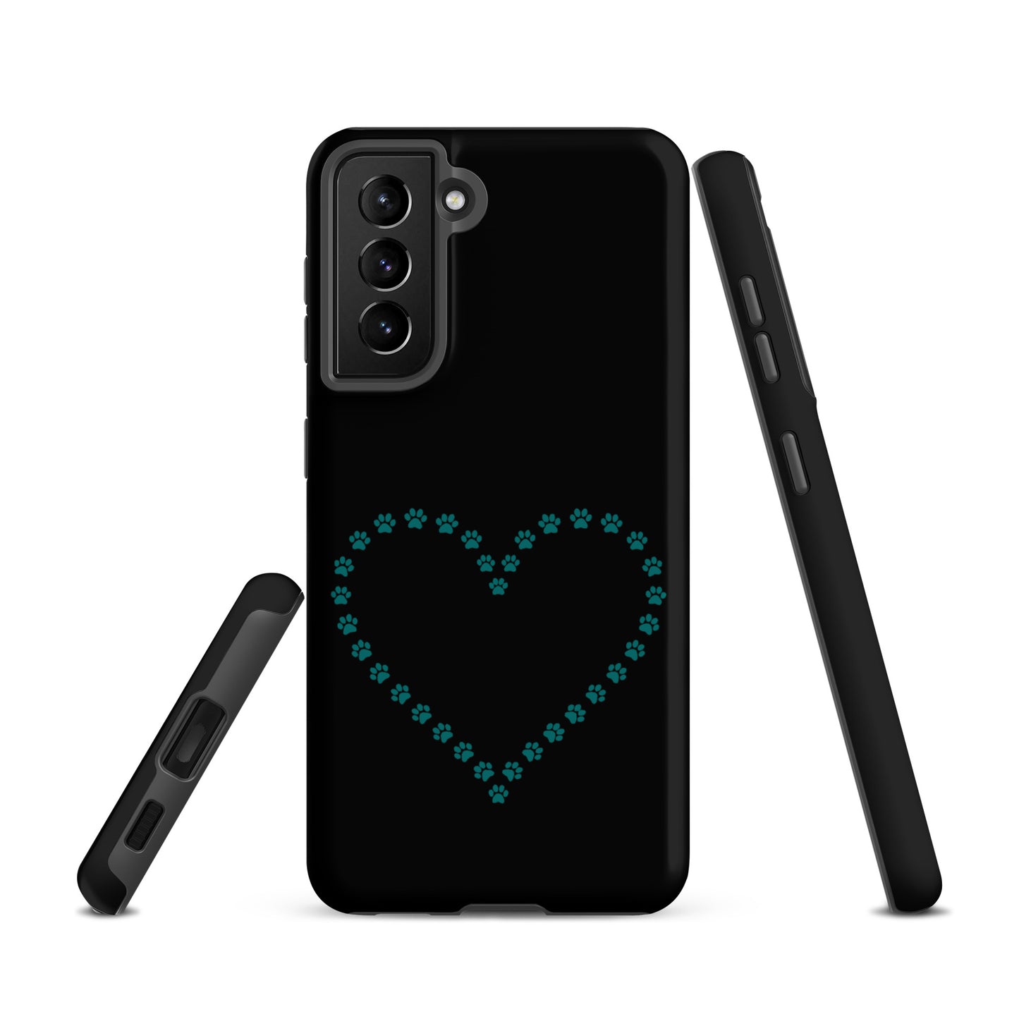 Phone Case with teal paw print heart design for Samsung Galaxy, perfect for pet lovers seeking stylish protection in black/teal.