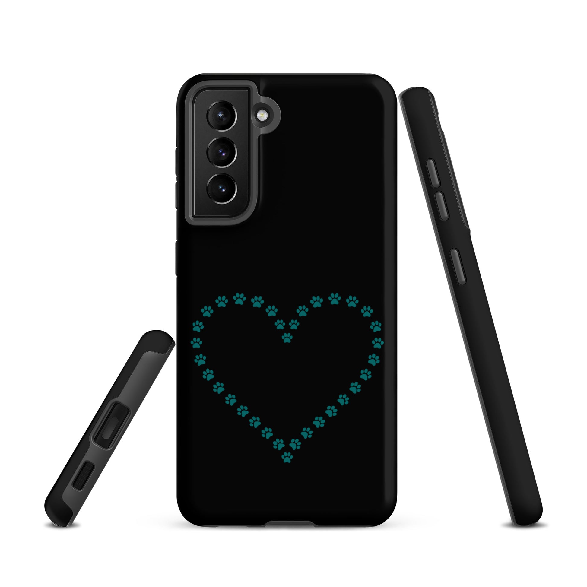 Phone Case with teal paw print heart design for Samsung Galaxy, perfect for pet lovers seeking stylish protection in black/teal.