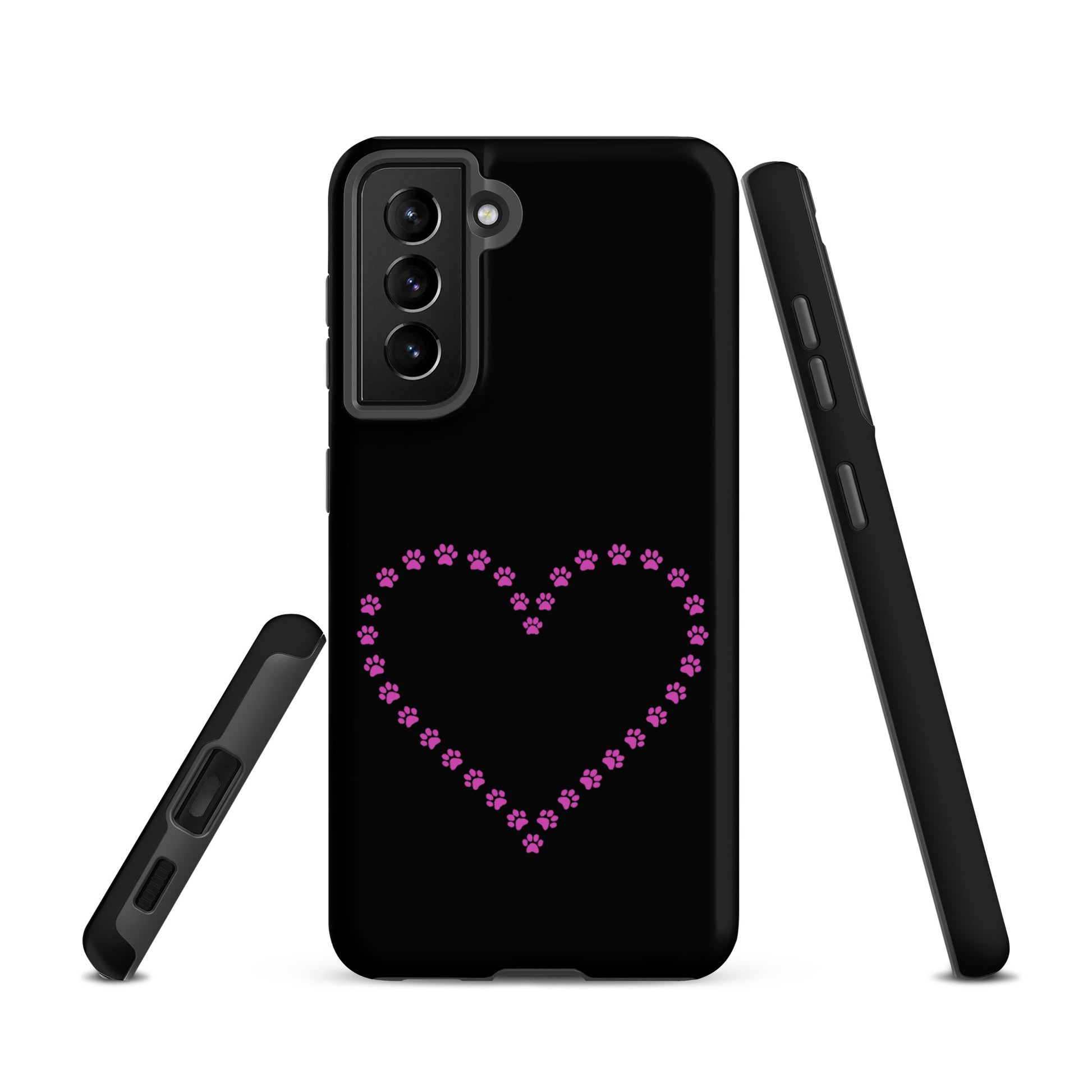 Black and pink paw print heart design Phone Case for Samsung Galaxy, perfect for pet lovers who adore cats, dogs, and minimalist styles.