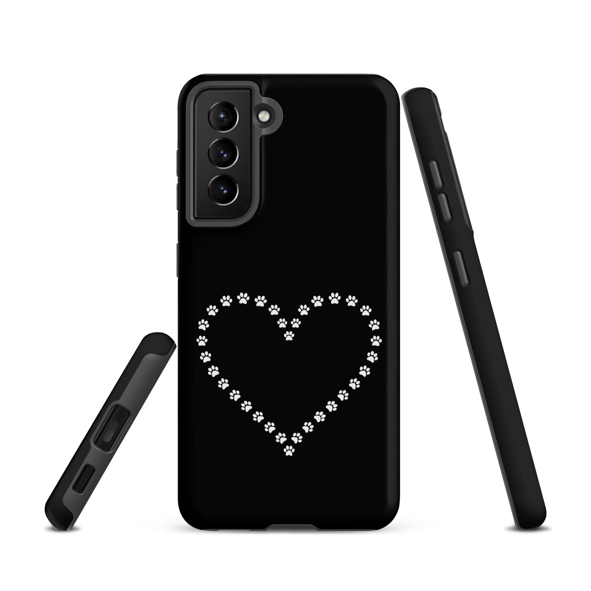 Phone Case for Samsung Galaxy with black and white paw print heart design, ideal for pet lovers seeking a durable and charming accessory.