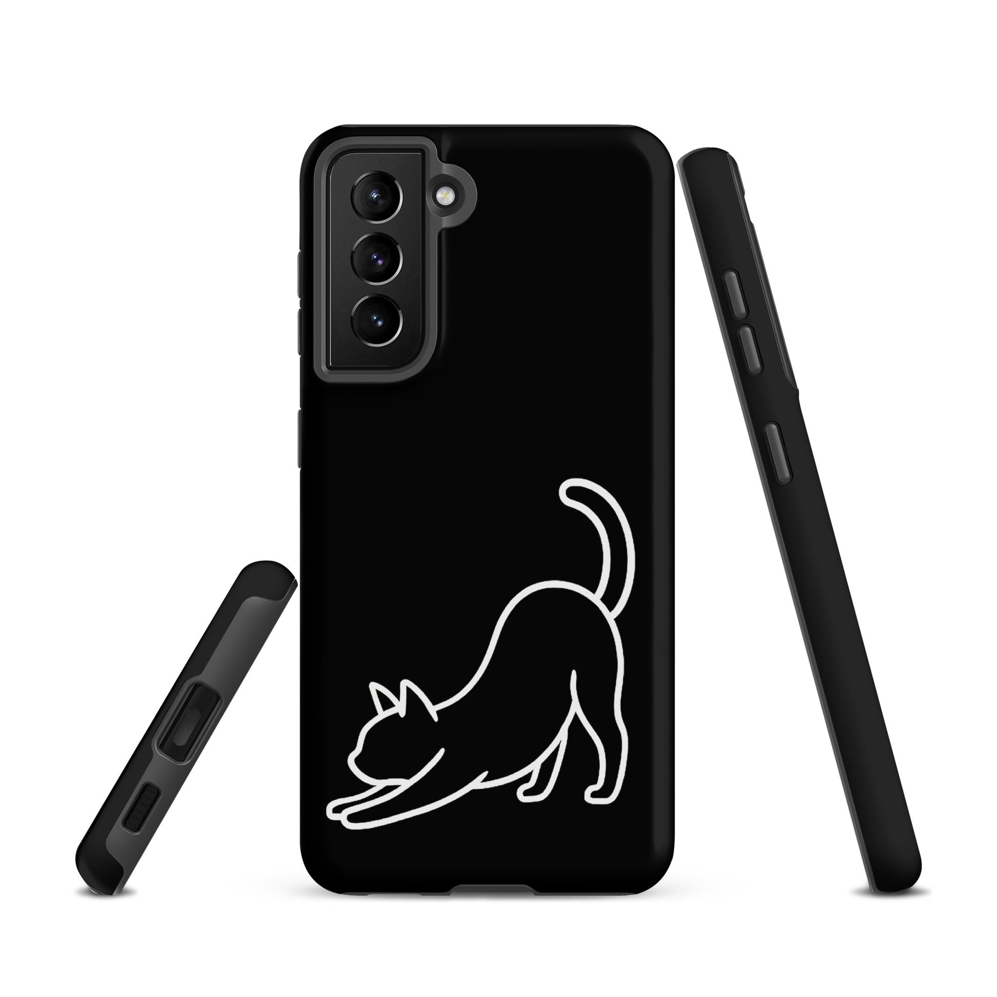 Phone Case for Samsung Galaxy with minimalist stretching cat design, combining feline aesthetics and impact protection for cat lovers.