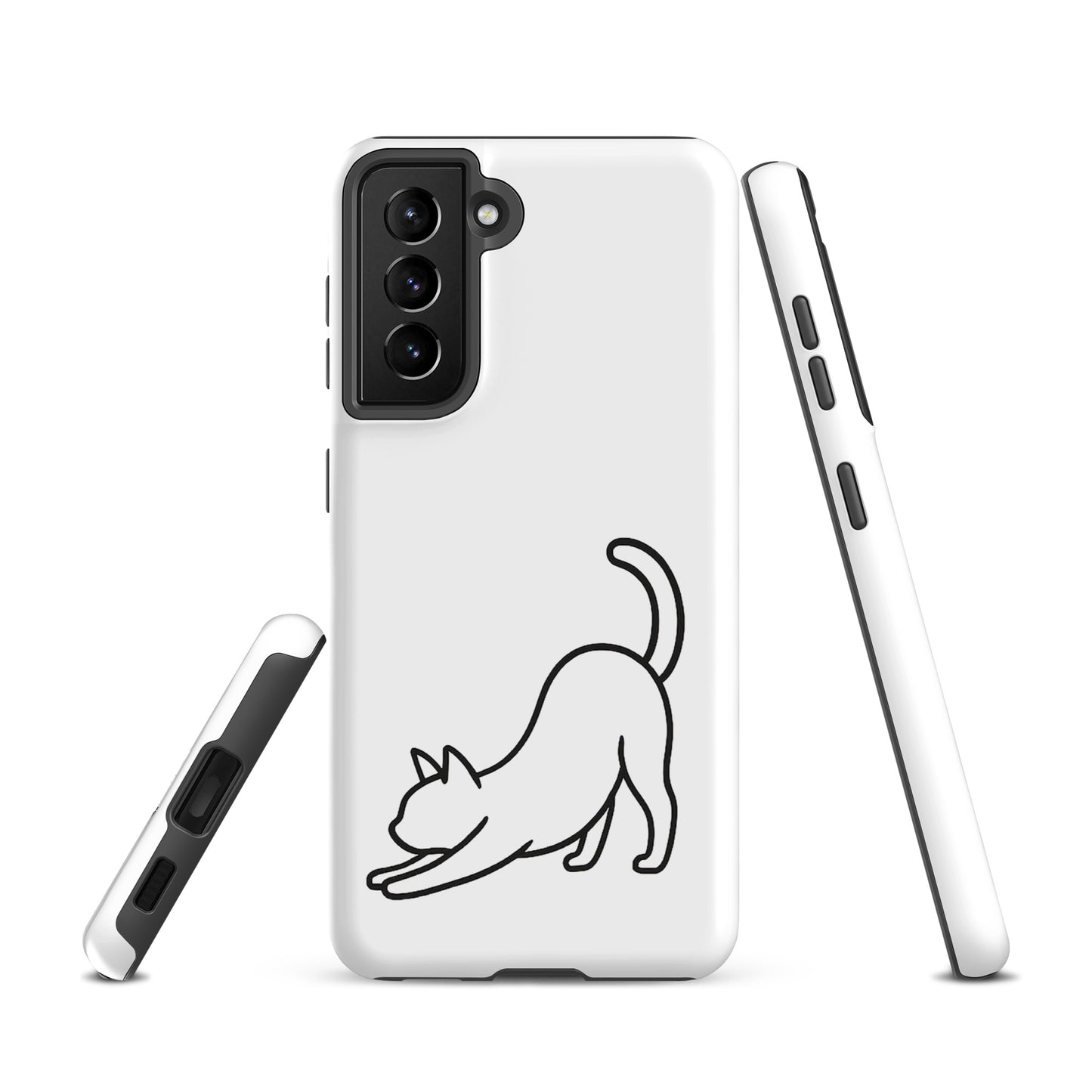 Phone Case for Samsung Galaxy with minimalist stretching cat design, offering sleek aesthetics and robust protection for cat lovers.