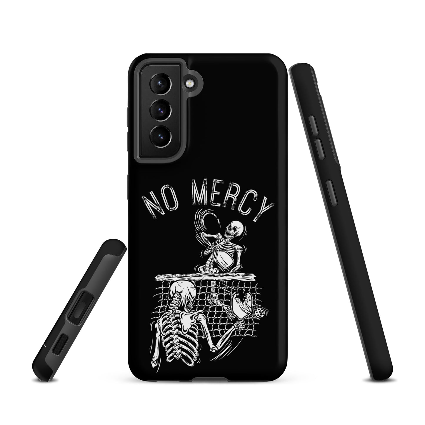 Pickleball Samsung Galaxy case with "No Mercy" skeleton design, perfect for aggressive players seeking durable protection.