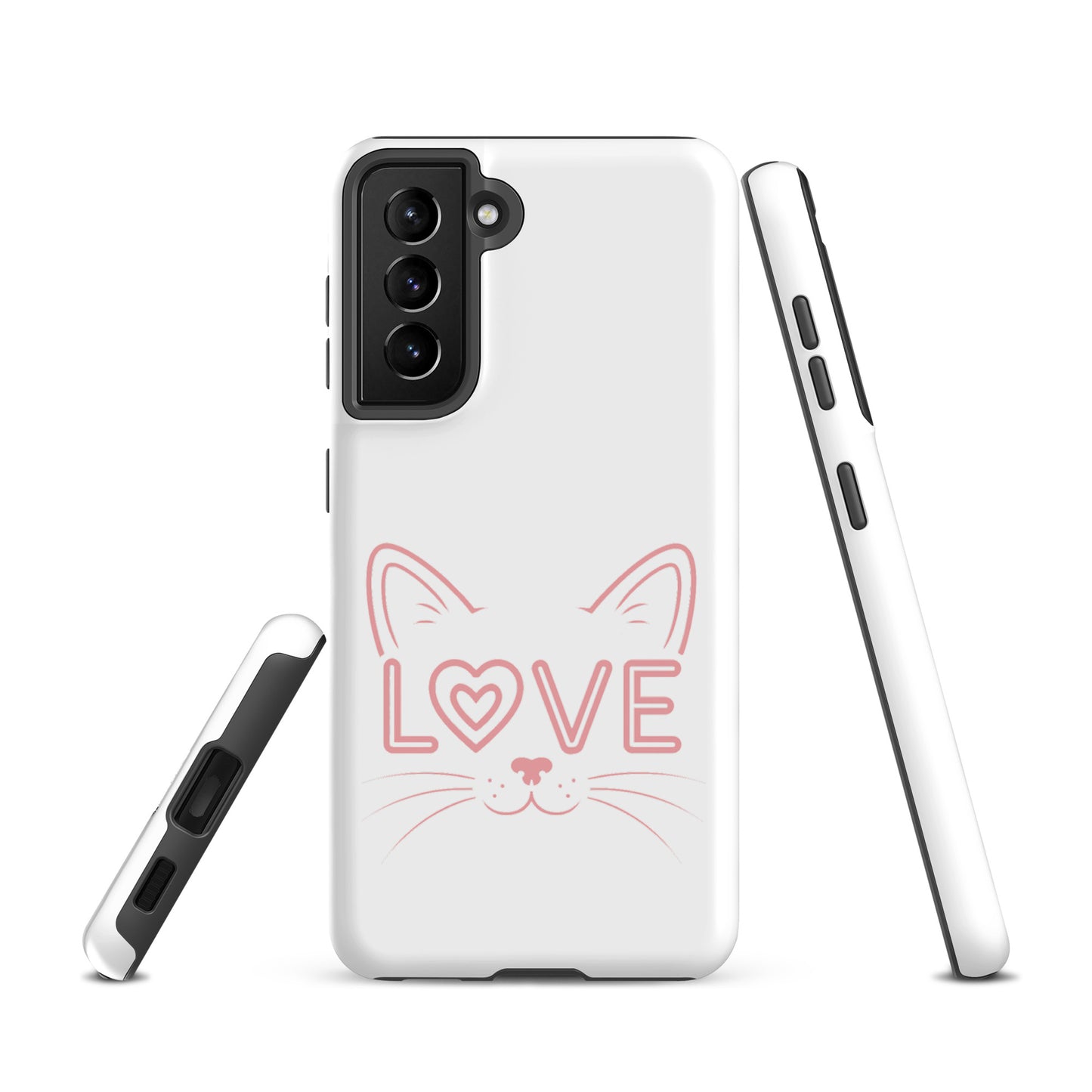 Cat Love phone case for Samsung Galaxy with minimalist cat design and 'LOVE' text in pink.