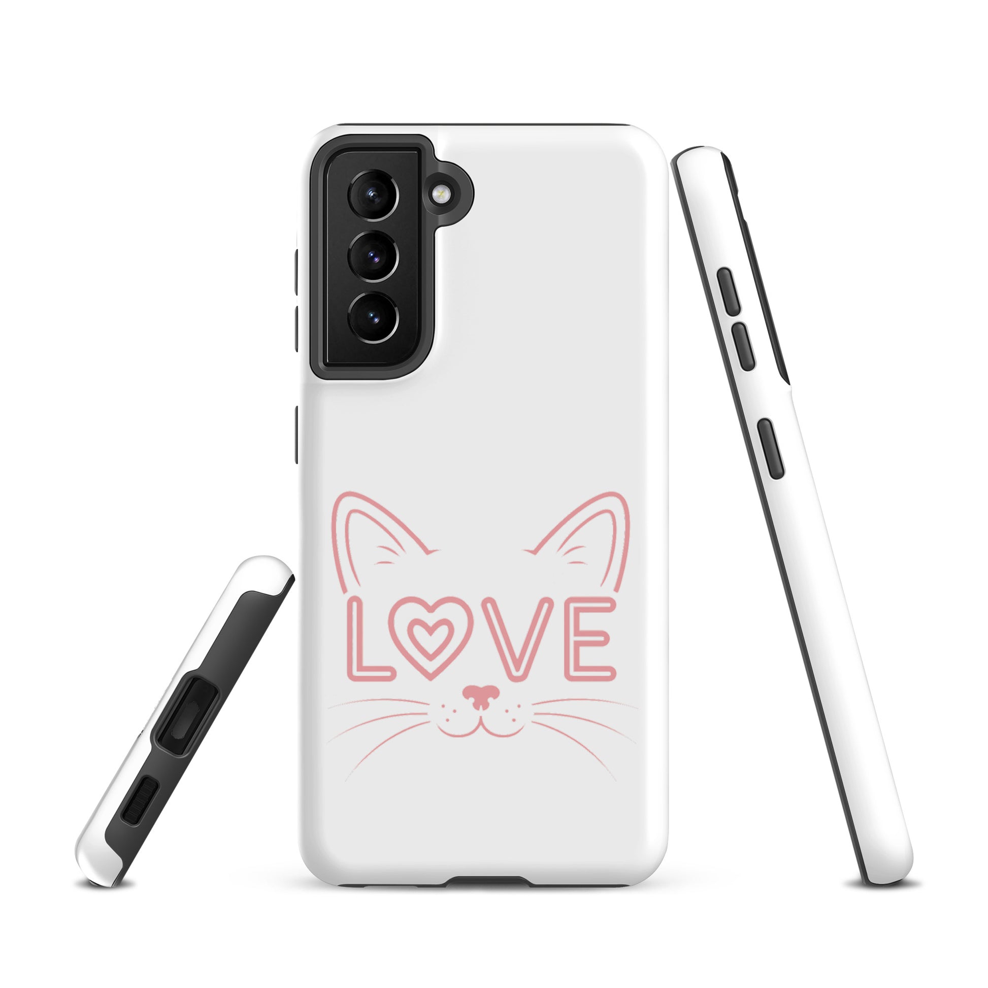 Cat Love phone case for Samsung Galaxy with minimalist cat design and 'LOVE' text in pink.