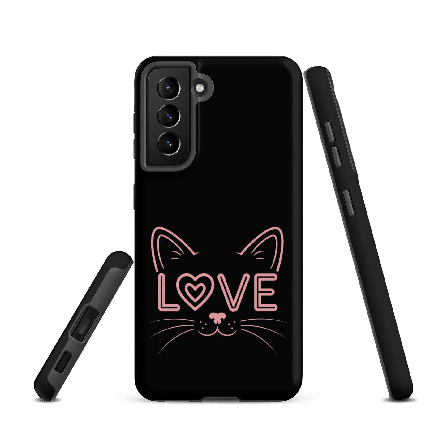Cat Love phone case for Samsung Galaxy, featuring minimalist cat face and love design in pink on black, stylish protection for cat lovers.