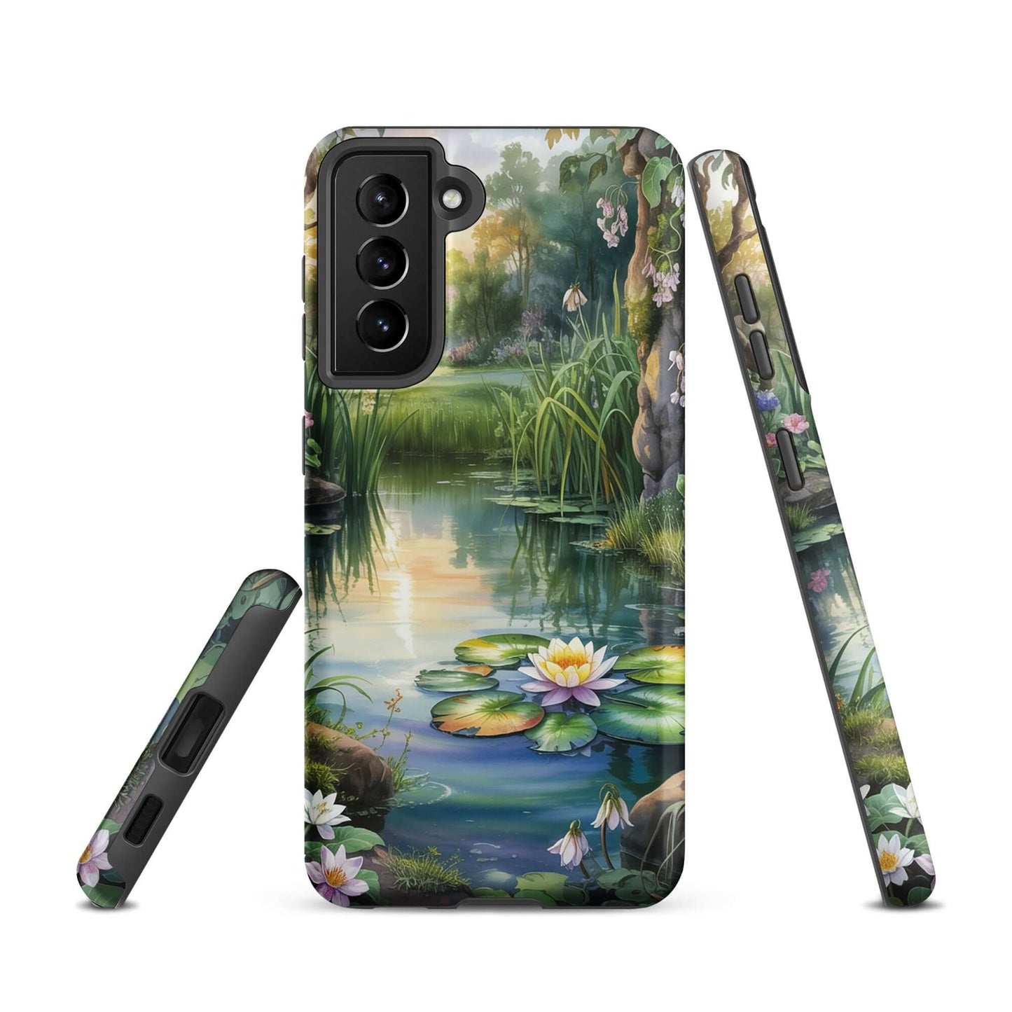Phone Case for Samsung Galaxy with enchanted pond design, featuring glowing lily pond, lush greenery, and sunset reflections for a storybook charm.