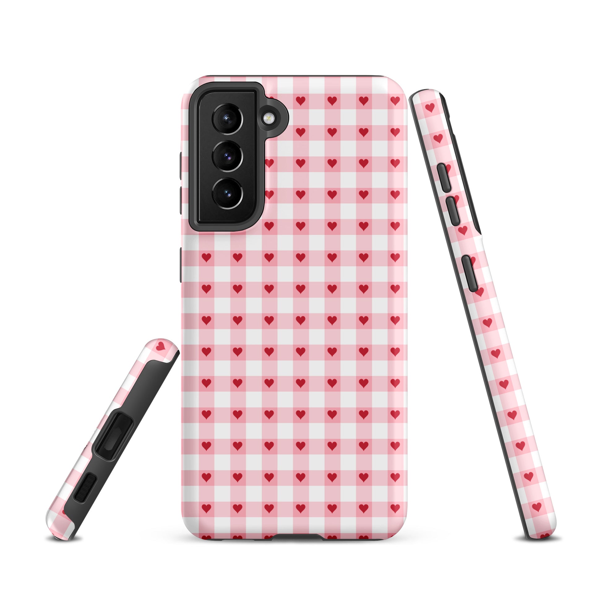 Phone Case for Samsung Galaxy with pink-and-white gingham heart pattern providing stylish protection.