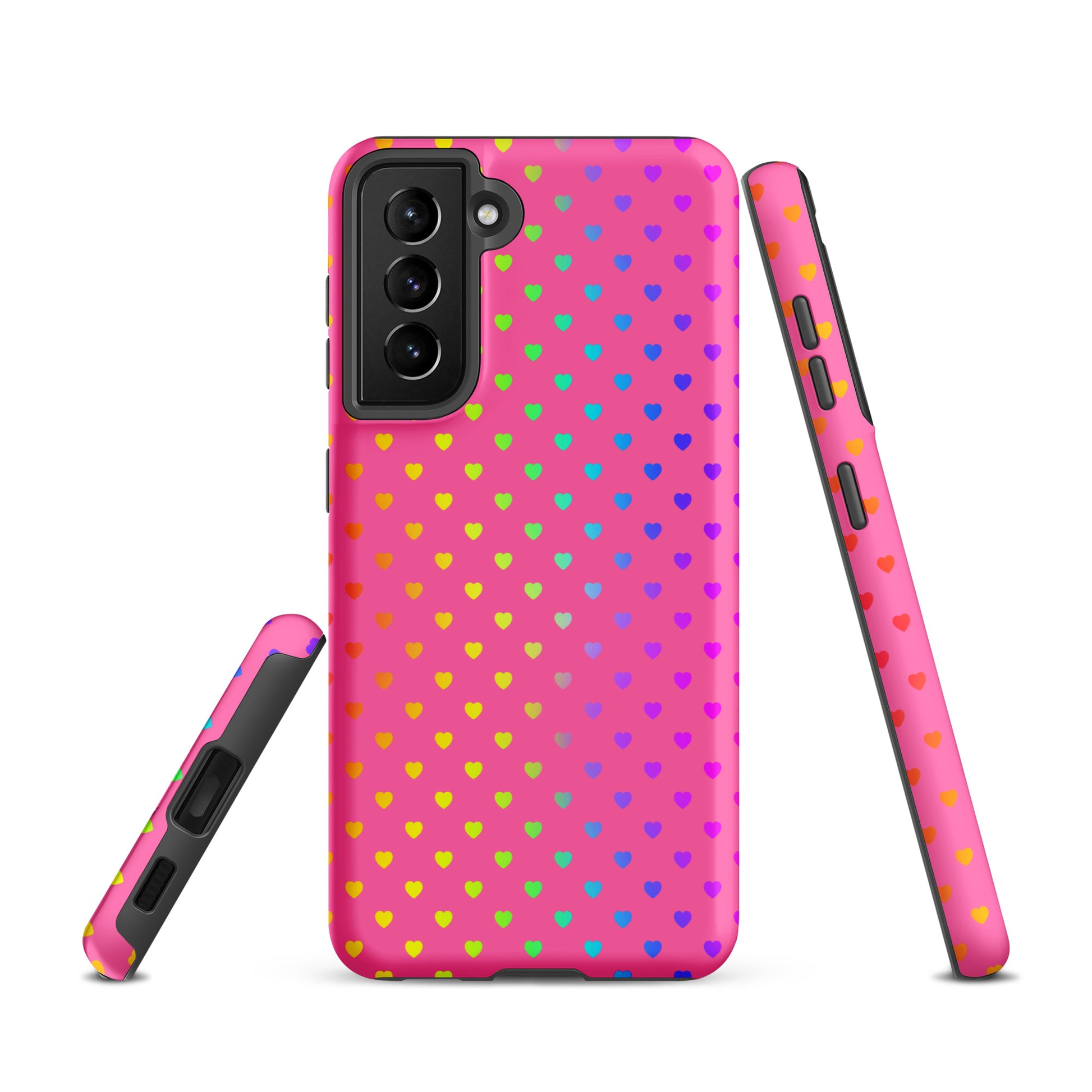 phone case for Samsung Galaxy with cute rainbow heart design on pink background