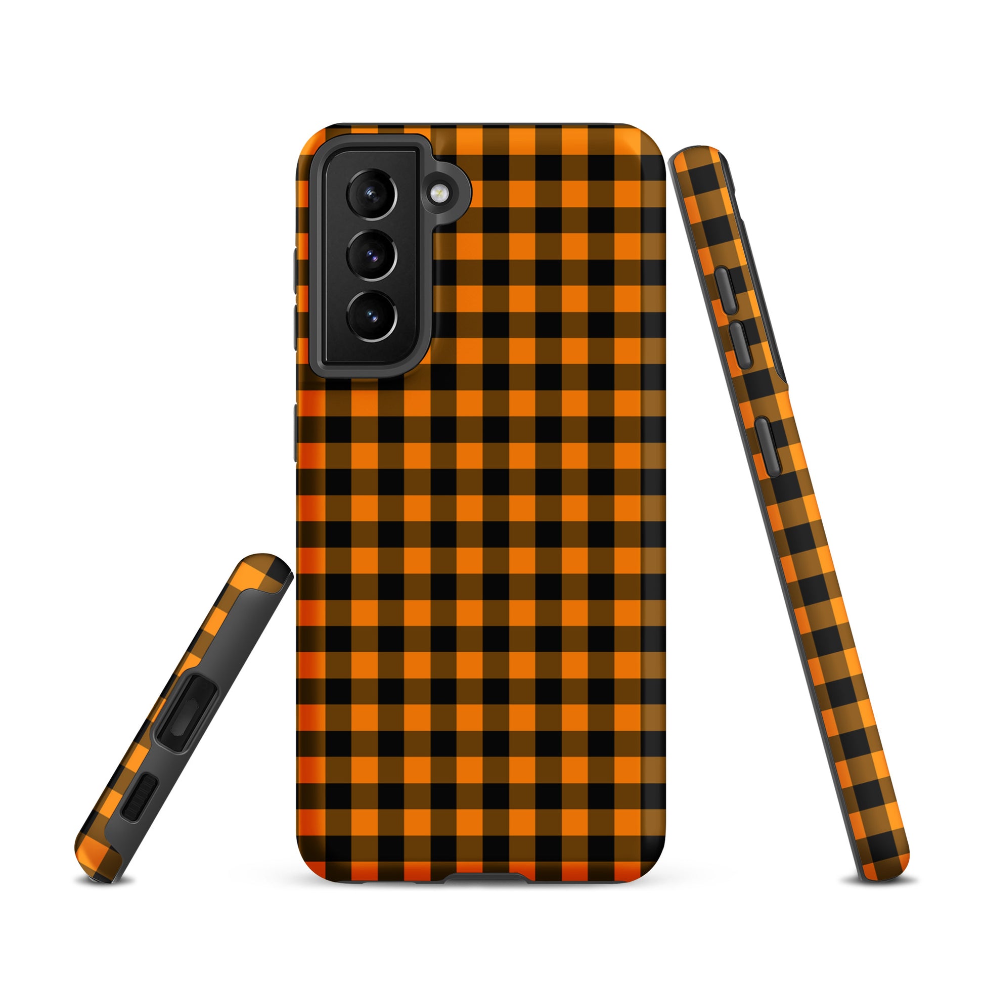 Black-and-orange gingham Autumn theme phone case for Samsung Galaxy, chic design offering luxury and durability.