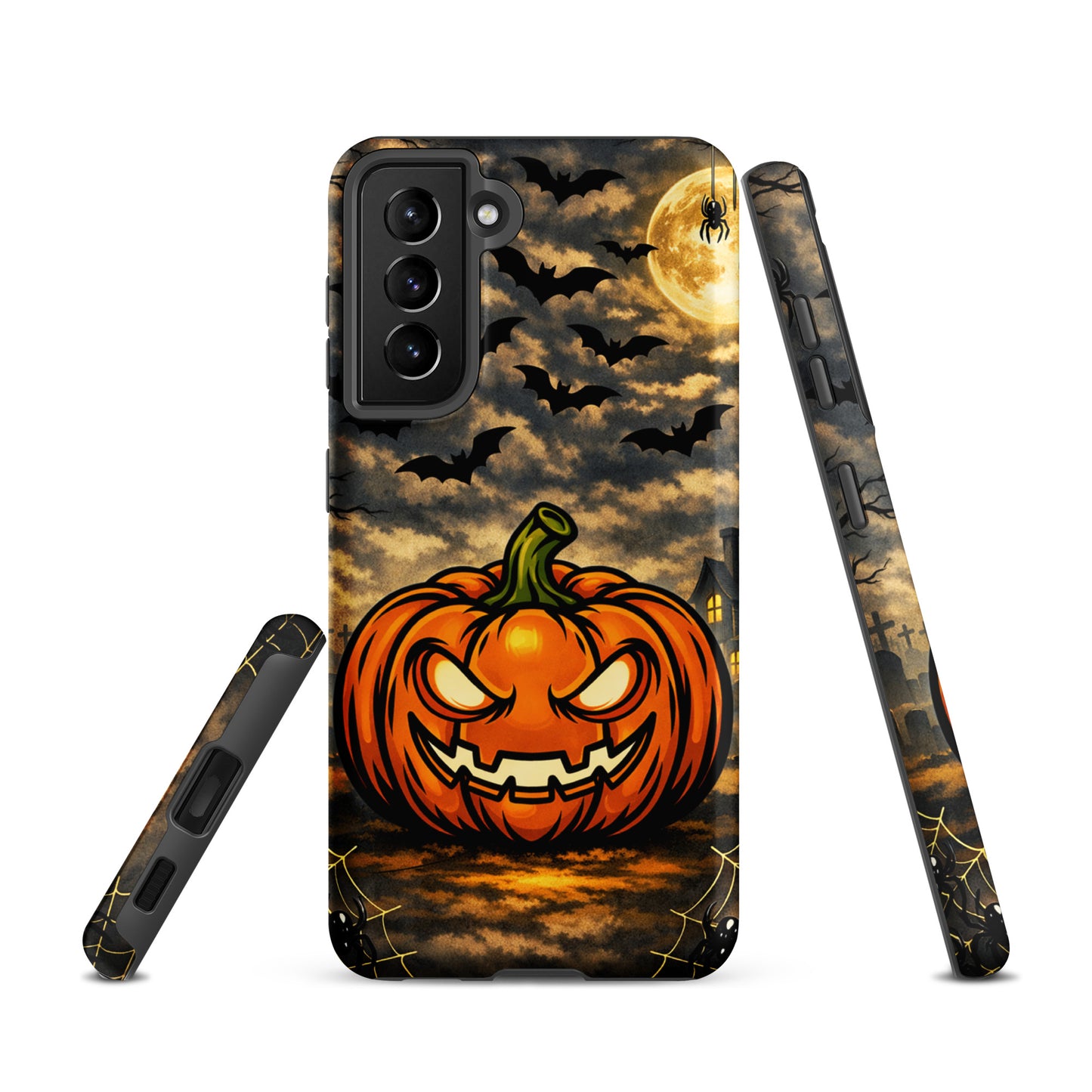 Phone Case for Samsung Galaxy featuring a haunted Halloween scene with a glowing pumpkin, bats, moonlit clouds, and a spooky house.