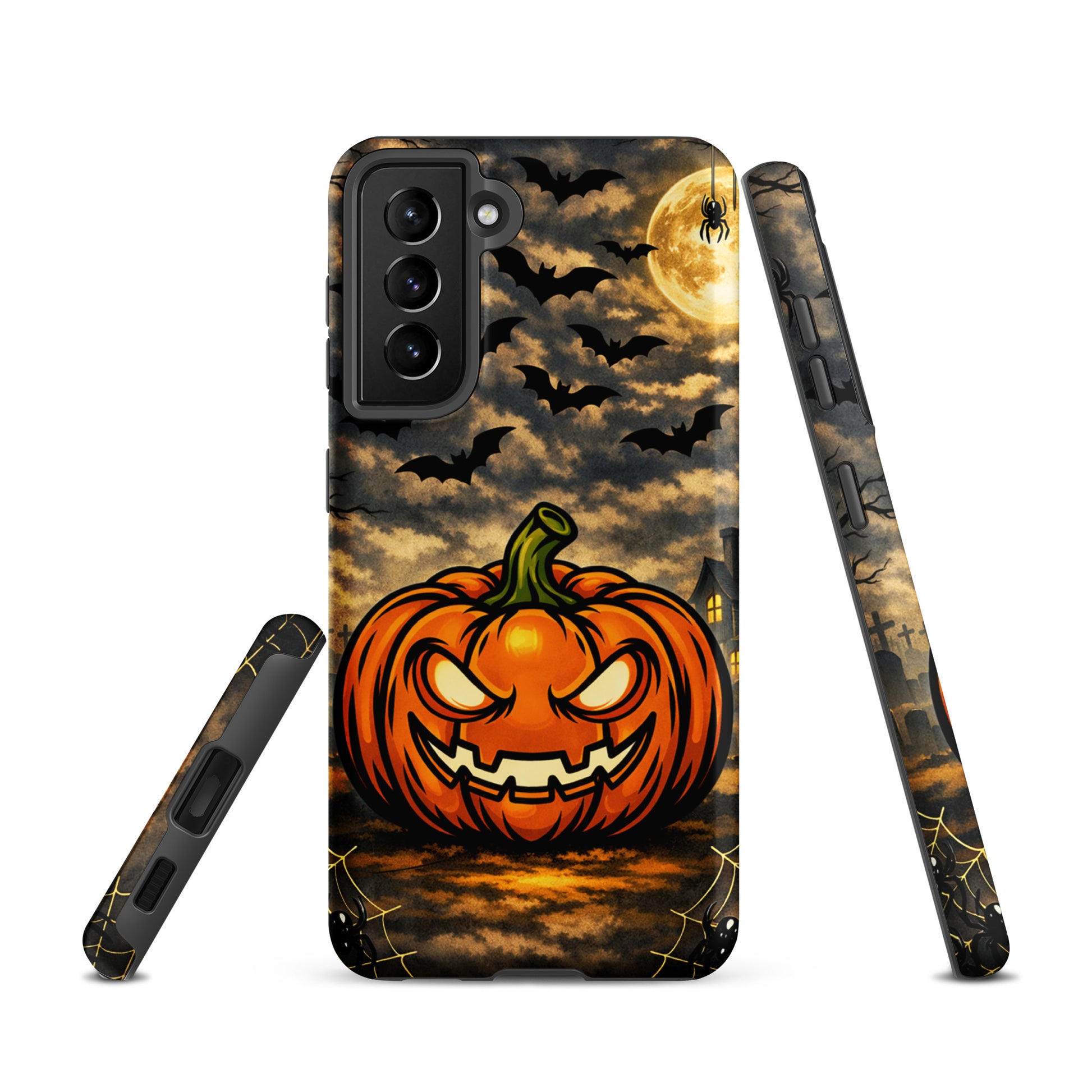 Phone Case for Samsung Galaxy featuring a haunted Halloween scene with a glowing pumpkin, bats, moonlit clouds, and a spooky house.