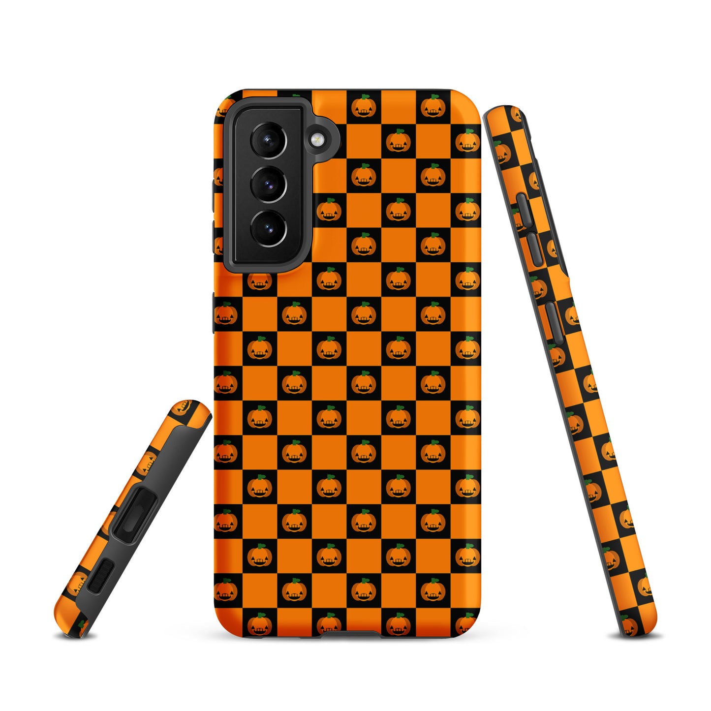 Phone Case for Samsung Galaxy with Pumpkin Checkered Halloween Design in orange and black with jack-o’-lantern patterns.