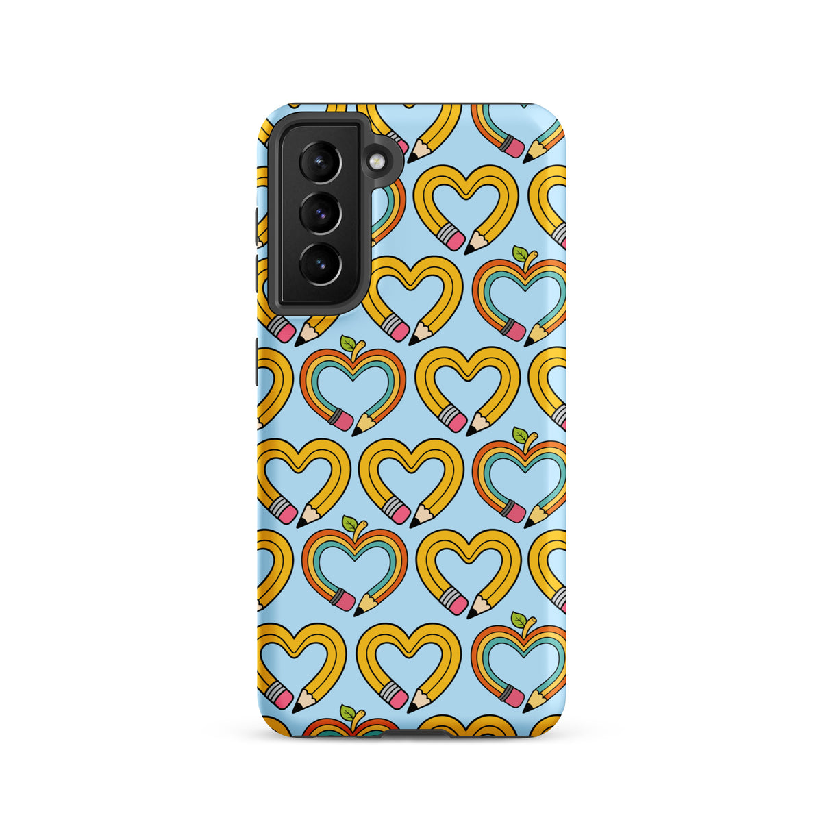 Phone Case for Samsung Galaxy featuring playful pencil-heart pattern with leaves, perfect for back-to-school charm lovers.