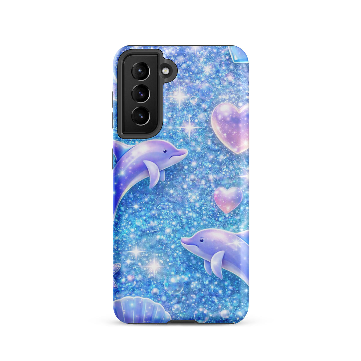 Phone Case for Samsung Galaxy featuring ocean glitter design with dolphins, pastel moons, and celestial accents.