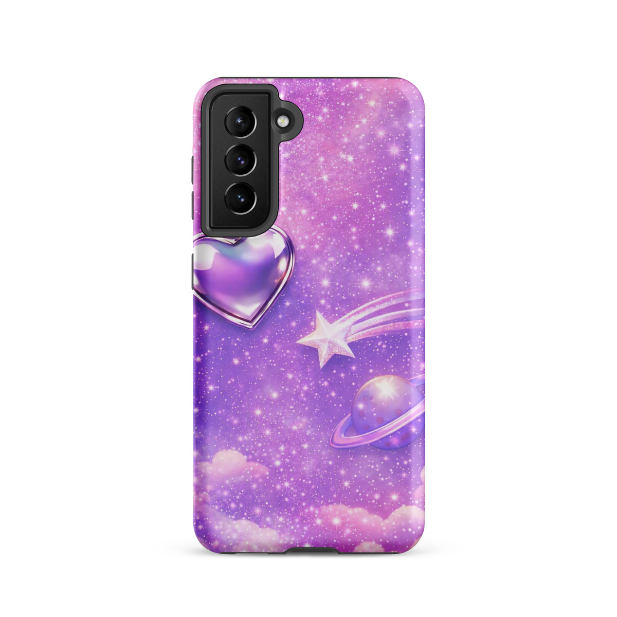 Phone Case for Samsung Galaxy with Cosmic Heart and Shooting Star design in purple galaxy art, featuring a metallic heart and planets.