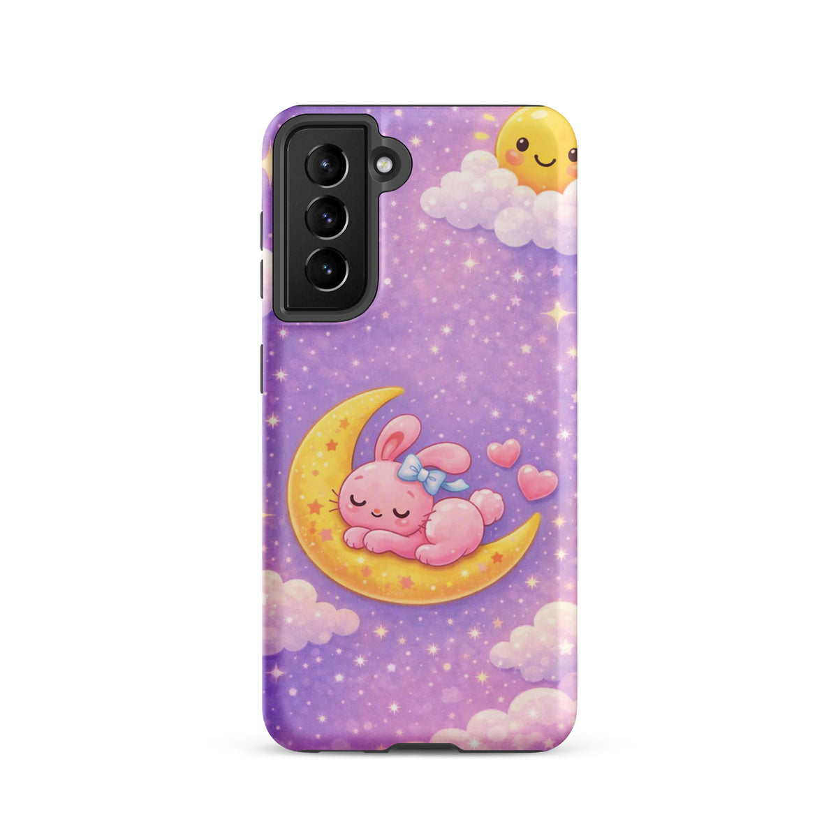 Phone Case for Samsung Galaxy - Cute, Cozy, Dreamy Bunny Moon Design with pink bunny on crescent moon and stars.