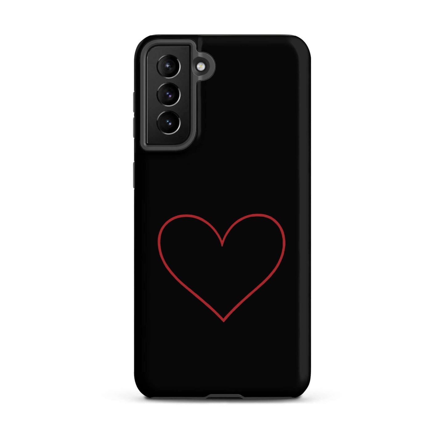 Phone Case for Samsung Galaxy featuring a minimalist crimson heart design on a sleek black background.