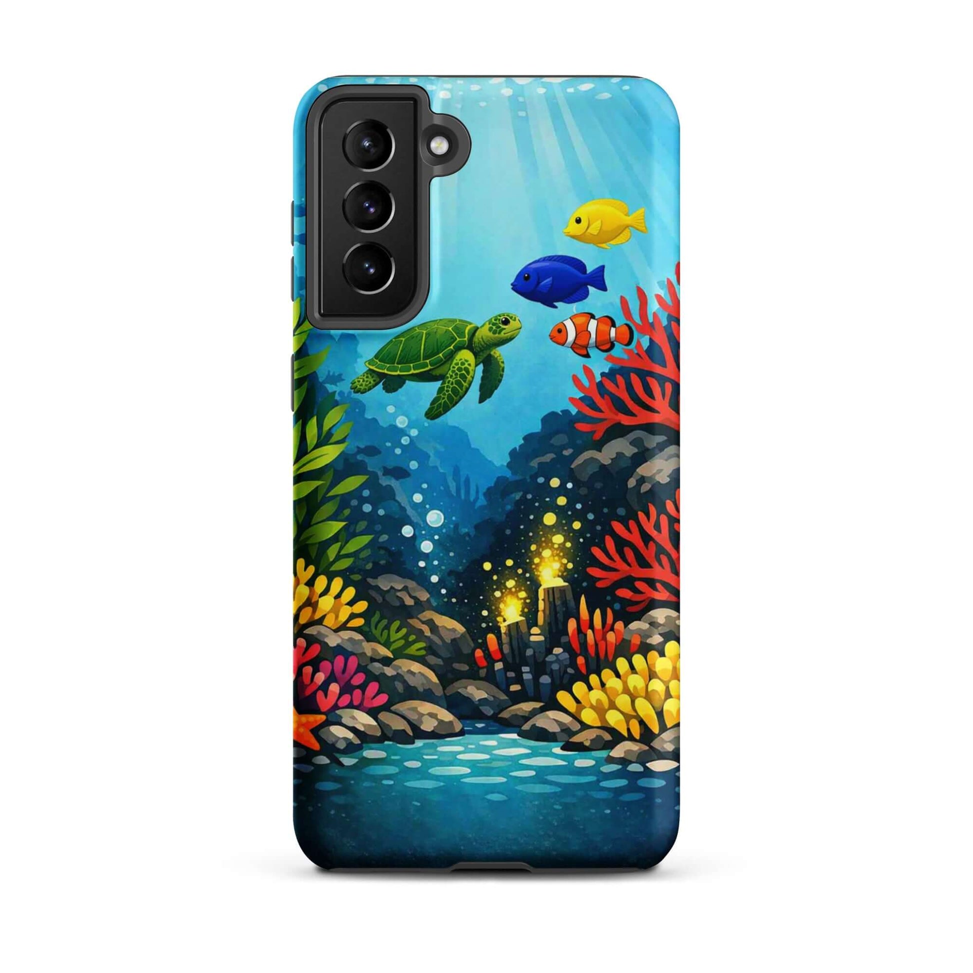 Phone case for Samsung Galaxy featuring vibrant sea turtle and coral reef design with tropical fish.