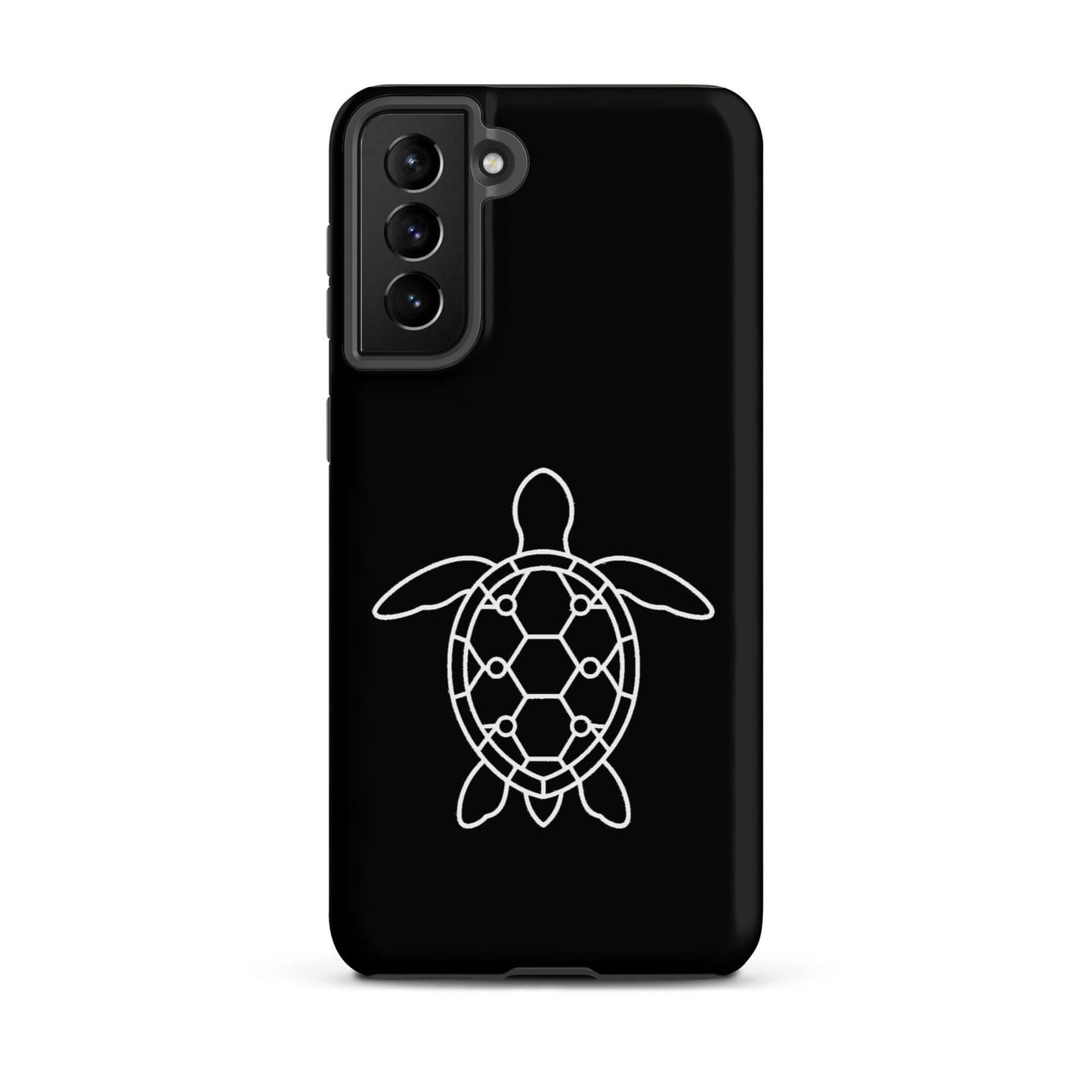 Phone case for Samsung Galaxy featuring a minimalist sea turtle silhouette on a black background.