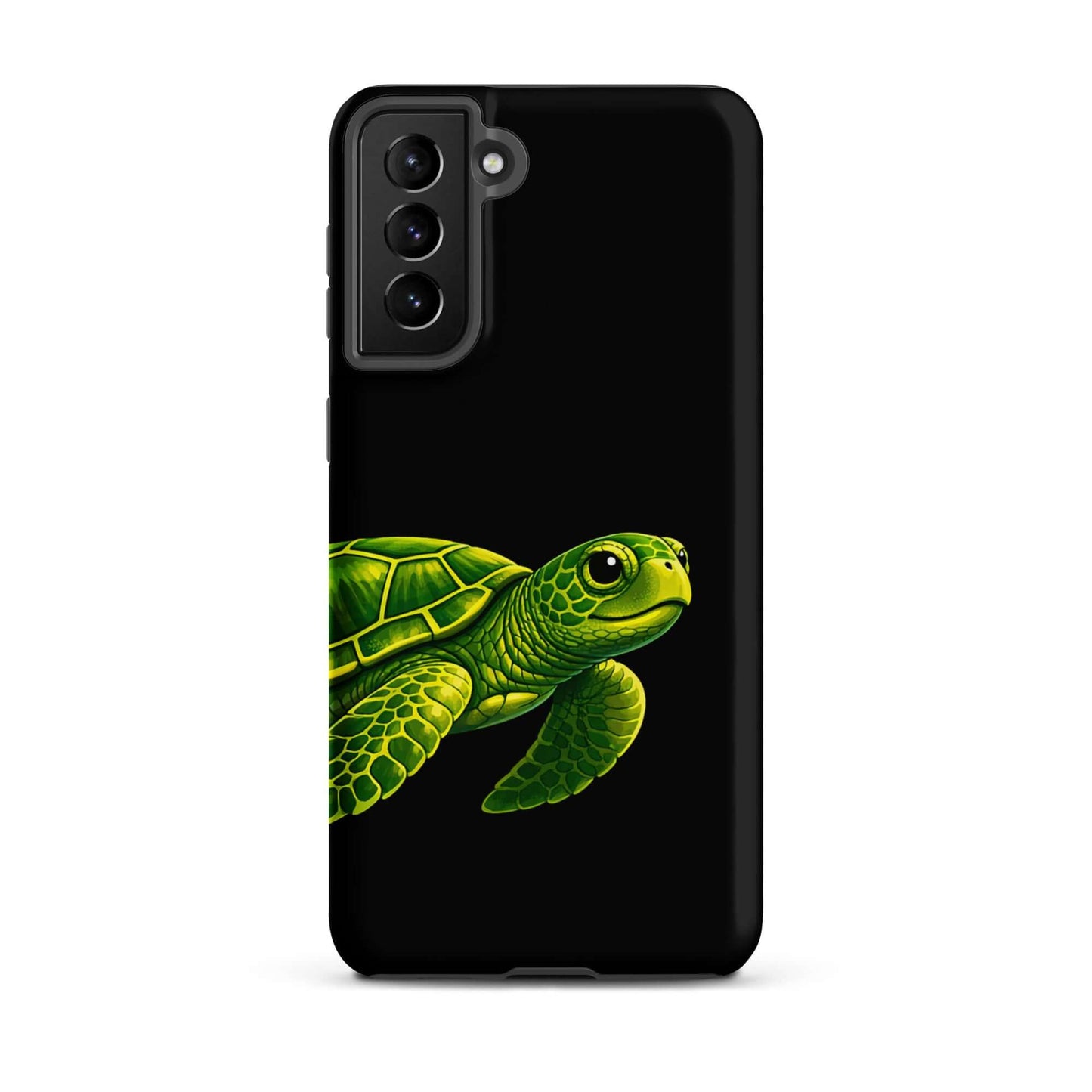 Phone case for Samsung Galaxy featuring a vibrant sea turtle design on a black background.