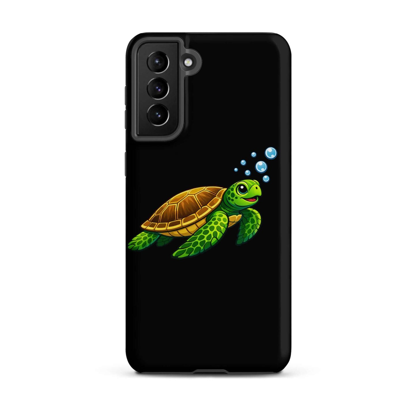 Phone Case featuring vibrant sea turtle artwork swimming with bubbles on a black background.