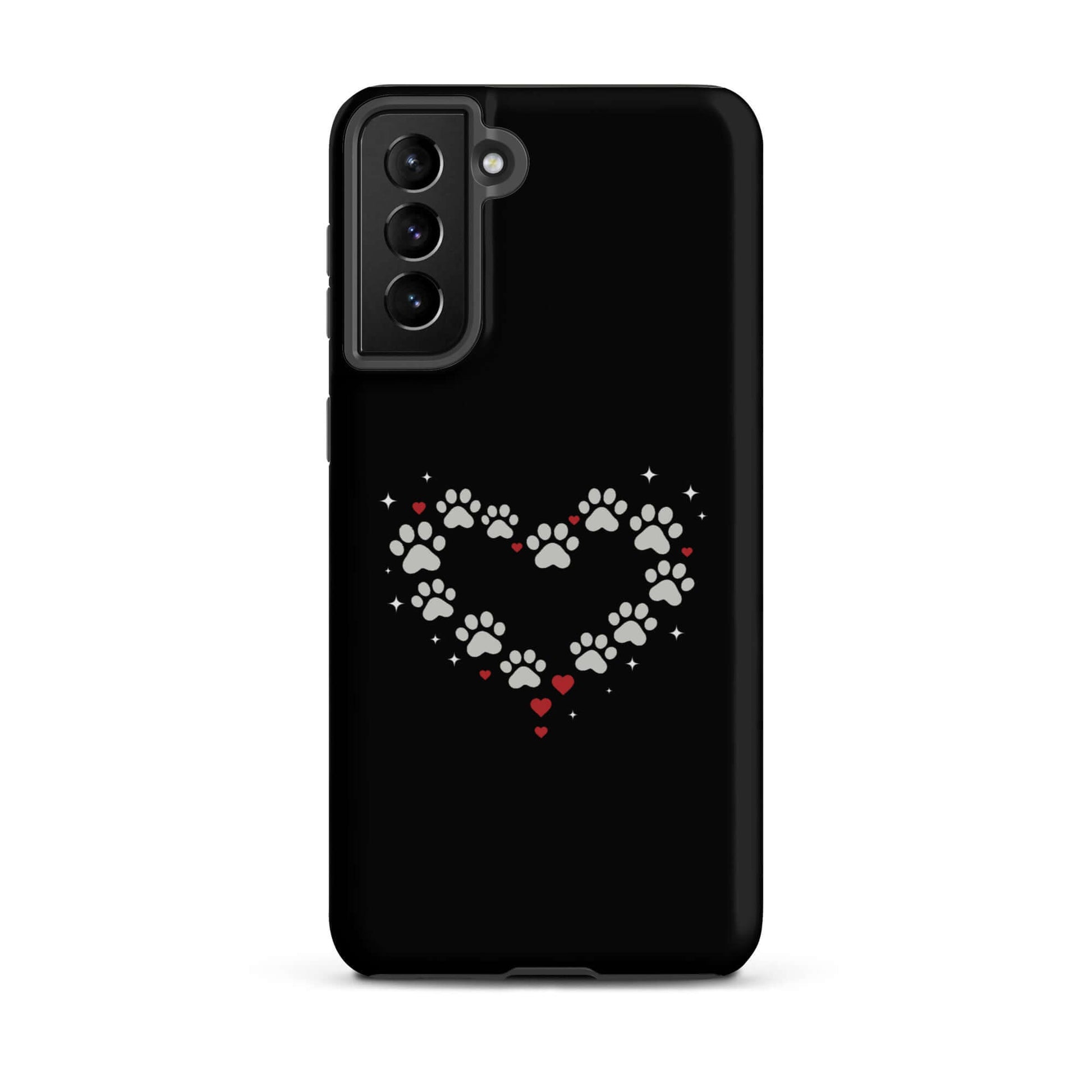 Phone Case for Samsung Galaxy featuring a paw-print heart design on a black background.