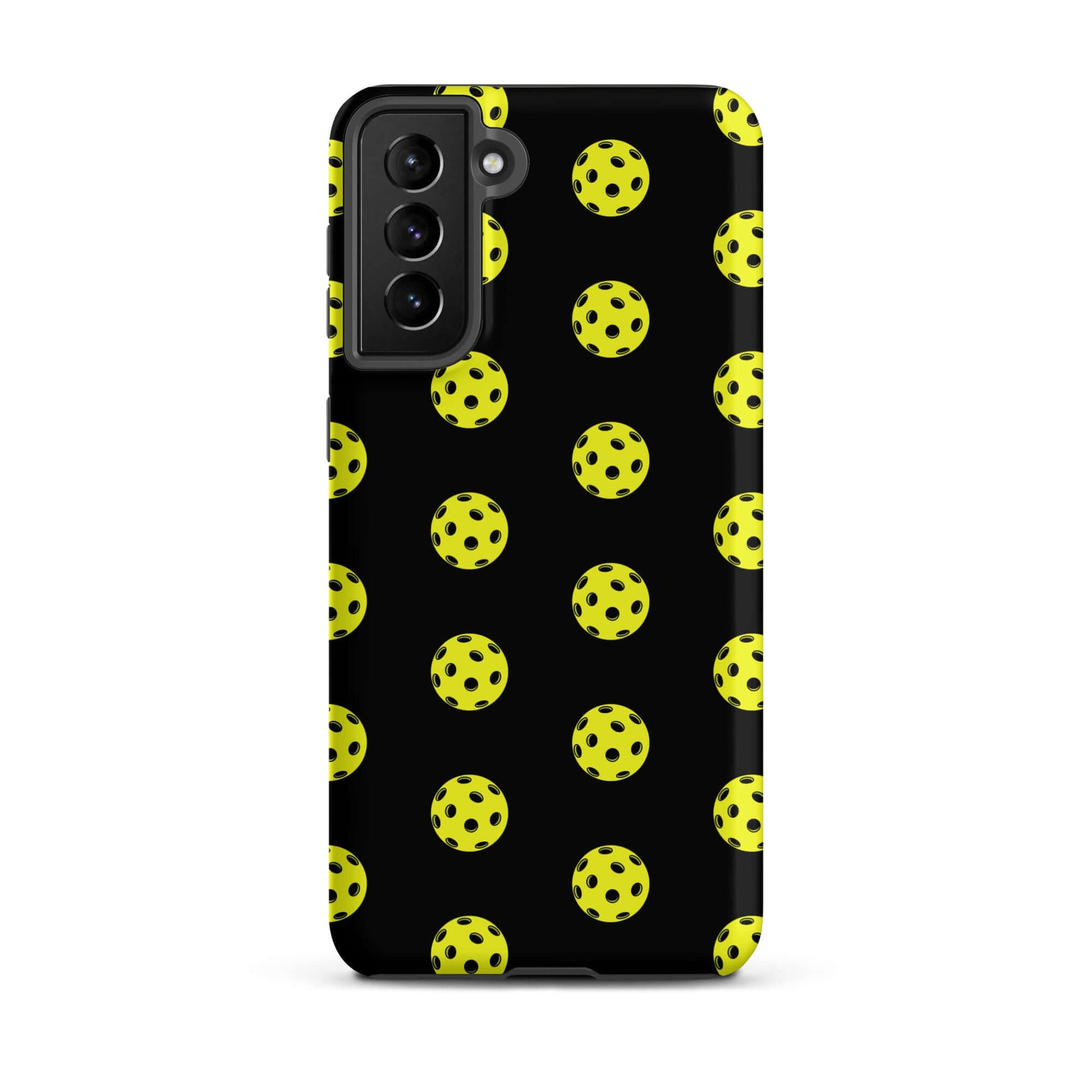 Phone Case for Samsung Galaxy with bold pickleball pattern, showcasing fun yellow and black design.