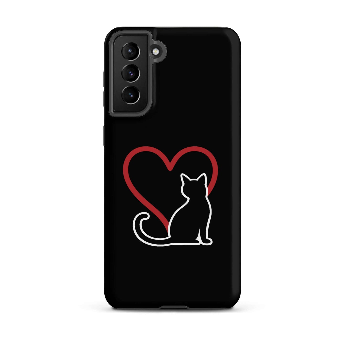 Phone Case for Samsung Galaxy featuring a minimalist black cat and red heart design, perfect for cat lovers.