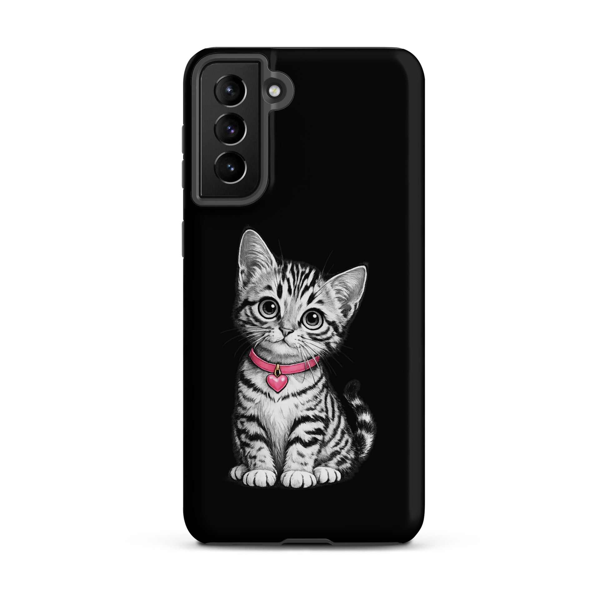 Phone Case for Samsung Galaxy featuring a pencil-sketch kitten with a pink collar and heart charm on a black background.