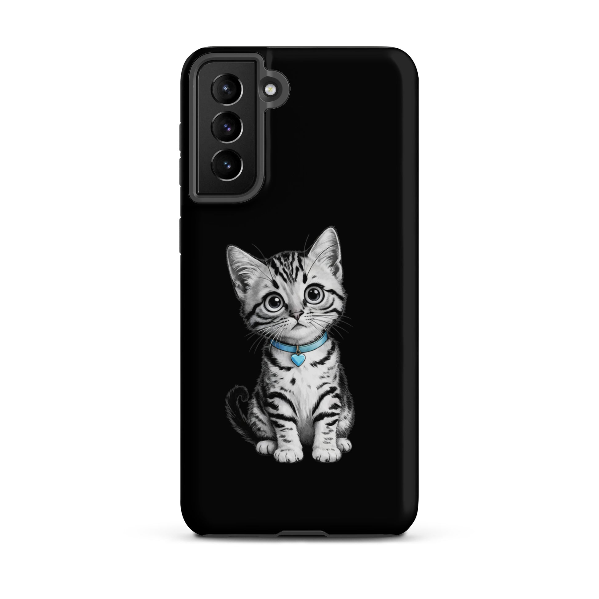 Phone Case for Samsung Galaxy with kitten and blue heart charm design.