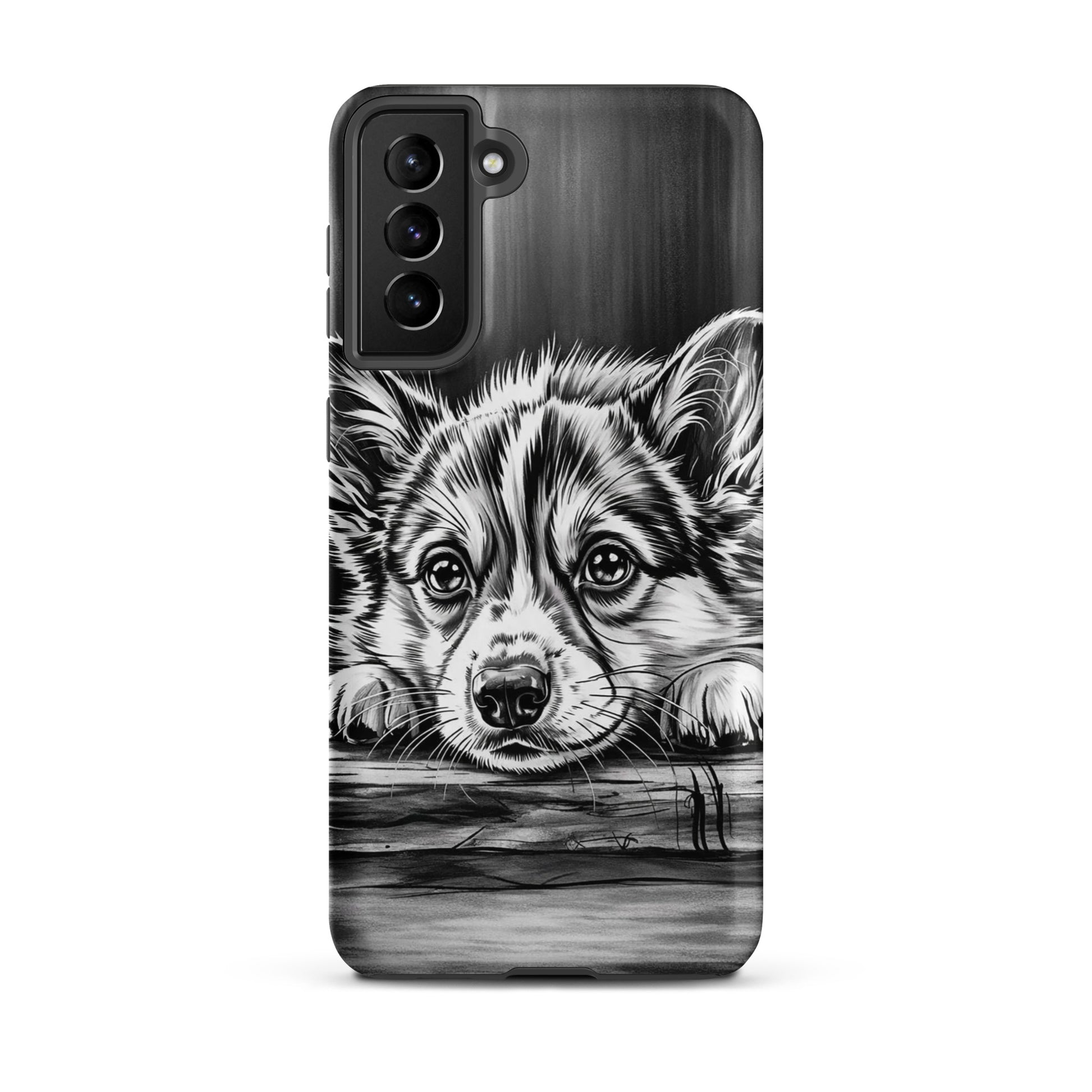 Phone Case for Samsung Galaxy with elegant black and white puppy art on aged wood, offering protective luxury and artistic charm.