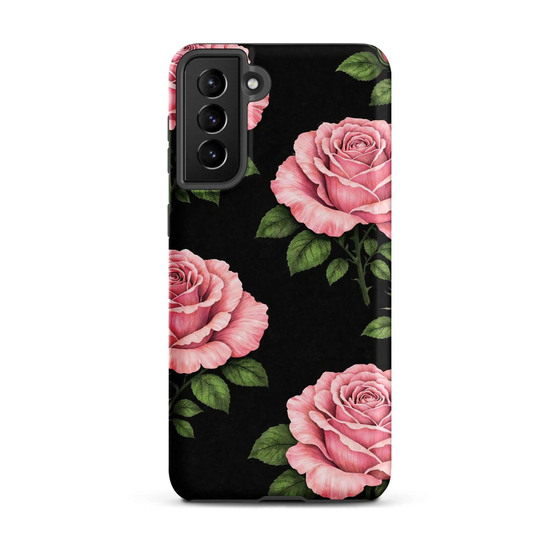 Phone Case with pink rose garden design for Samsung Galaxy on black background, featuring hand-sketched style and floral charm.