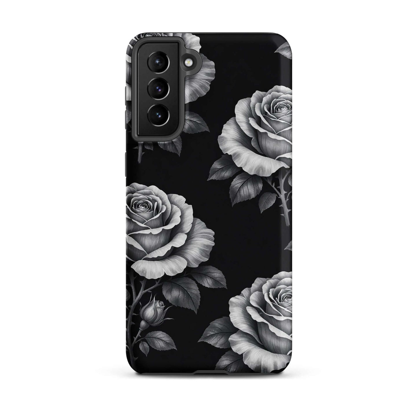 Phone Case for Samsung Galaxy with rose garden design, featuring pencil-stencil style roses on a contrasting black background.