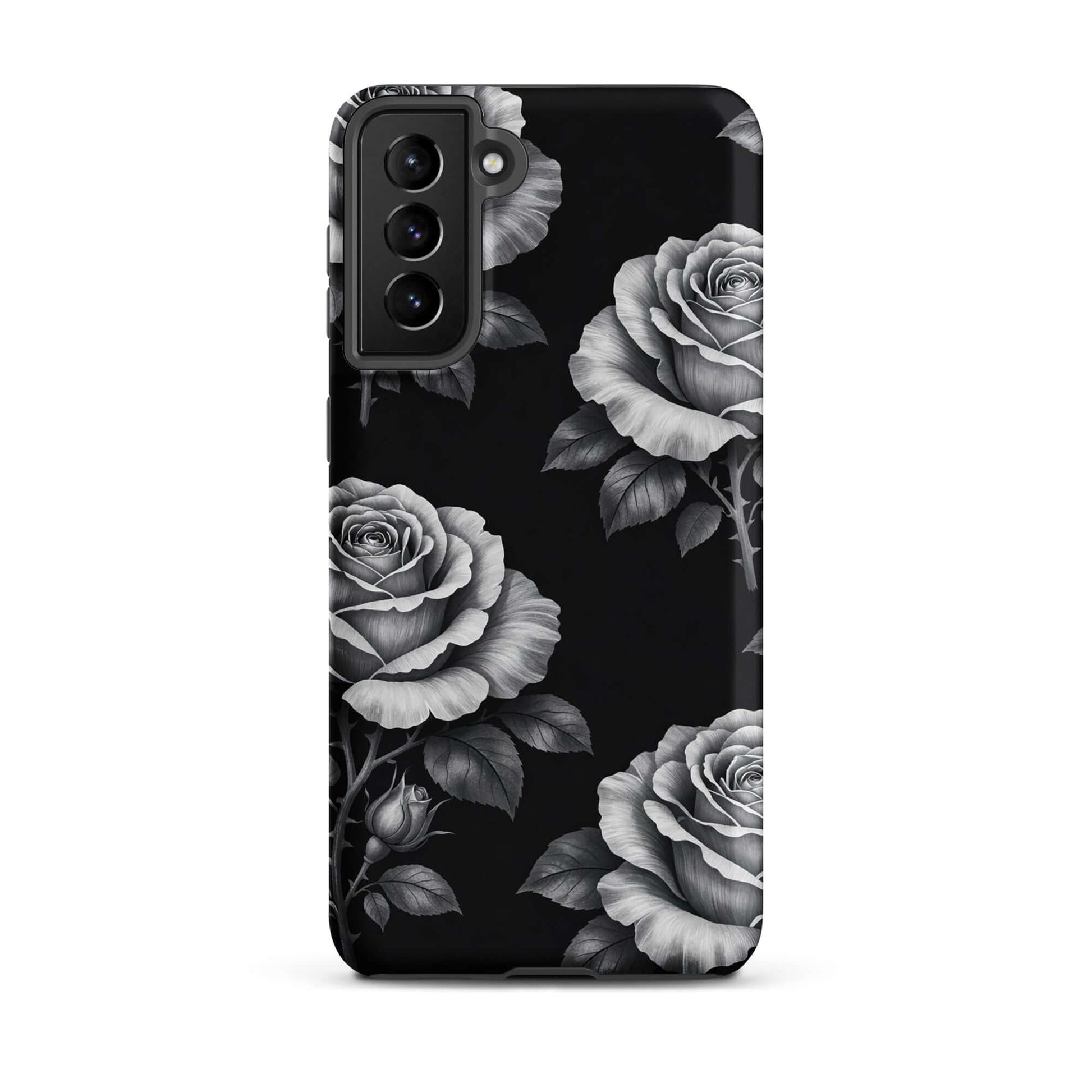 Phone Case for Samsung Galaxy with rose garden design, featuring pencil-stencil style roses on a contrasting black background.