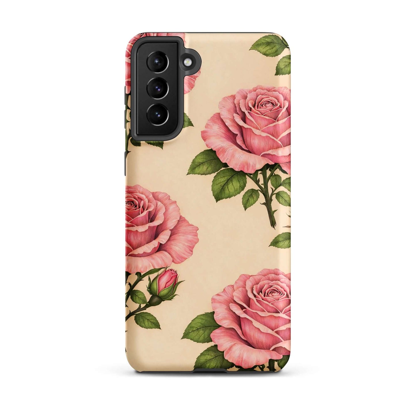Phone Case for Samsung Galaxy with pink roses on warm cream background, floral design, elegant protection, soft petals and rich green leaves.