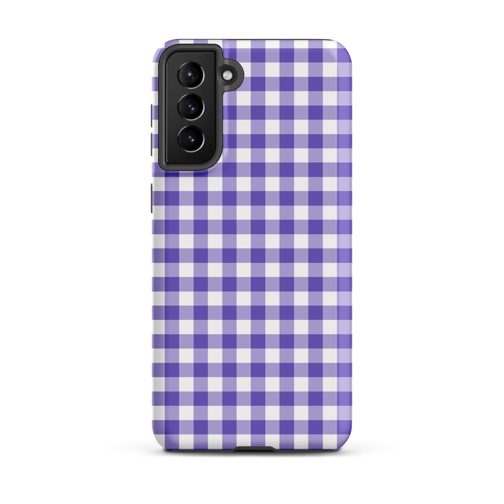 Phone case for Samsung Galaxy with purple gingham pattern offers style and protection.