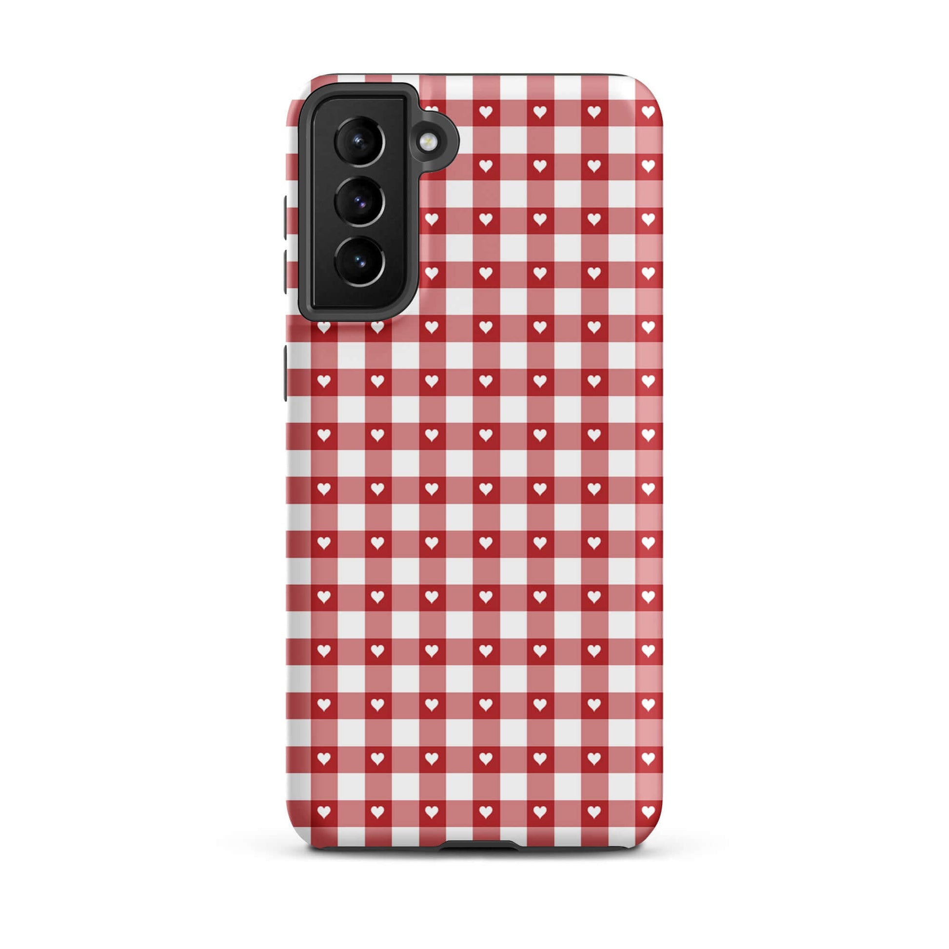 Phone Case for Samsung Galaxy with red-and-white gingham pattern and white hearts, combining style and durability.