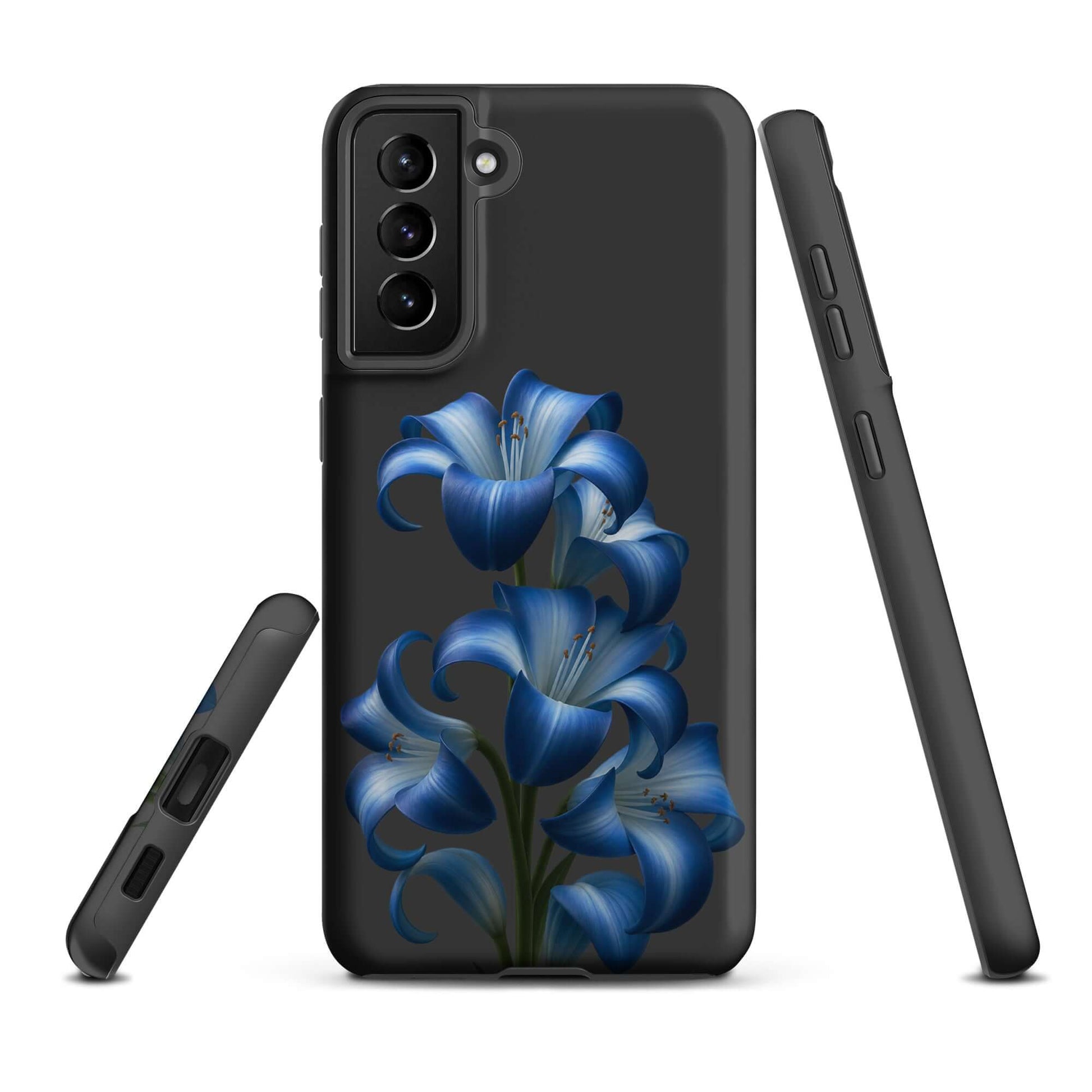 Phone Case for Samsung Galaxy featuring blue lilies on a dark background, highlighting premium dual-layer protection and style.