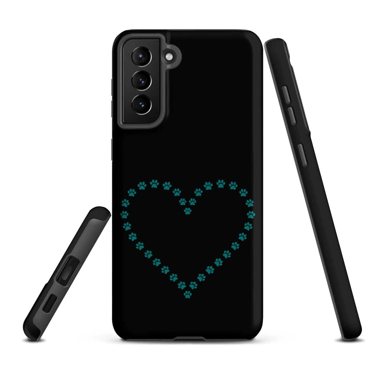 Phone Case for Samsung Galaxy with paw print heart design in black and teal, perfect for pet lovers and animal enthusiasts.