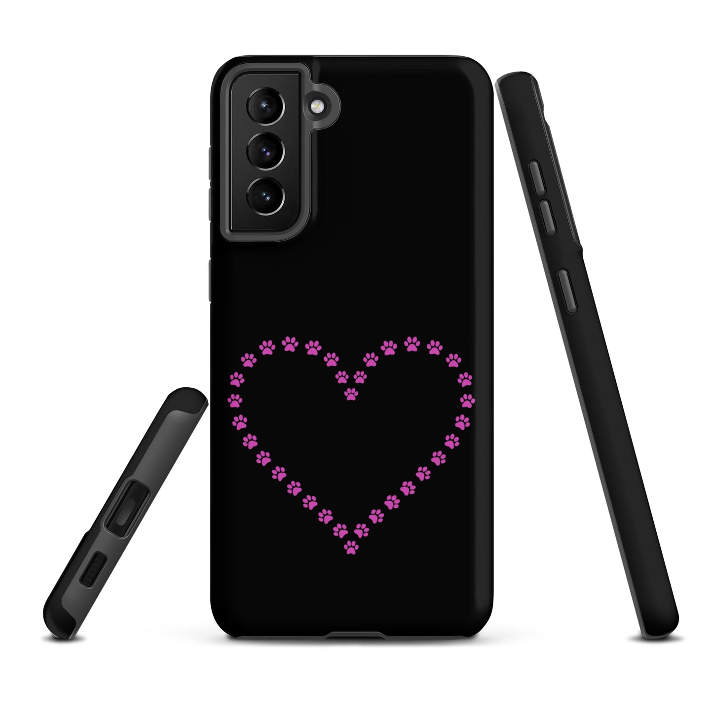 Phone Case for Samsung Galaxy with black and pink paw print heart design, perfect for pet lovers seeking a blend of charm and protection.