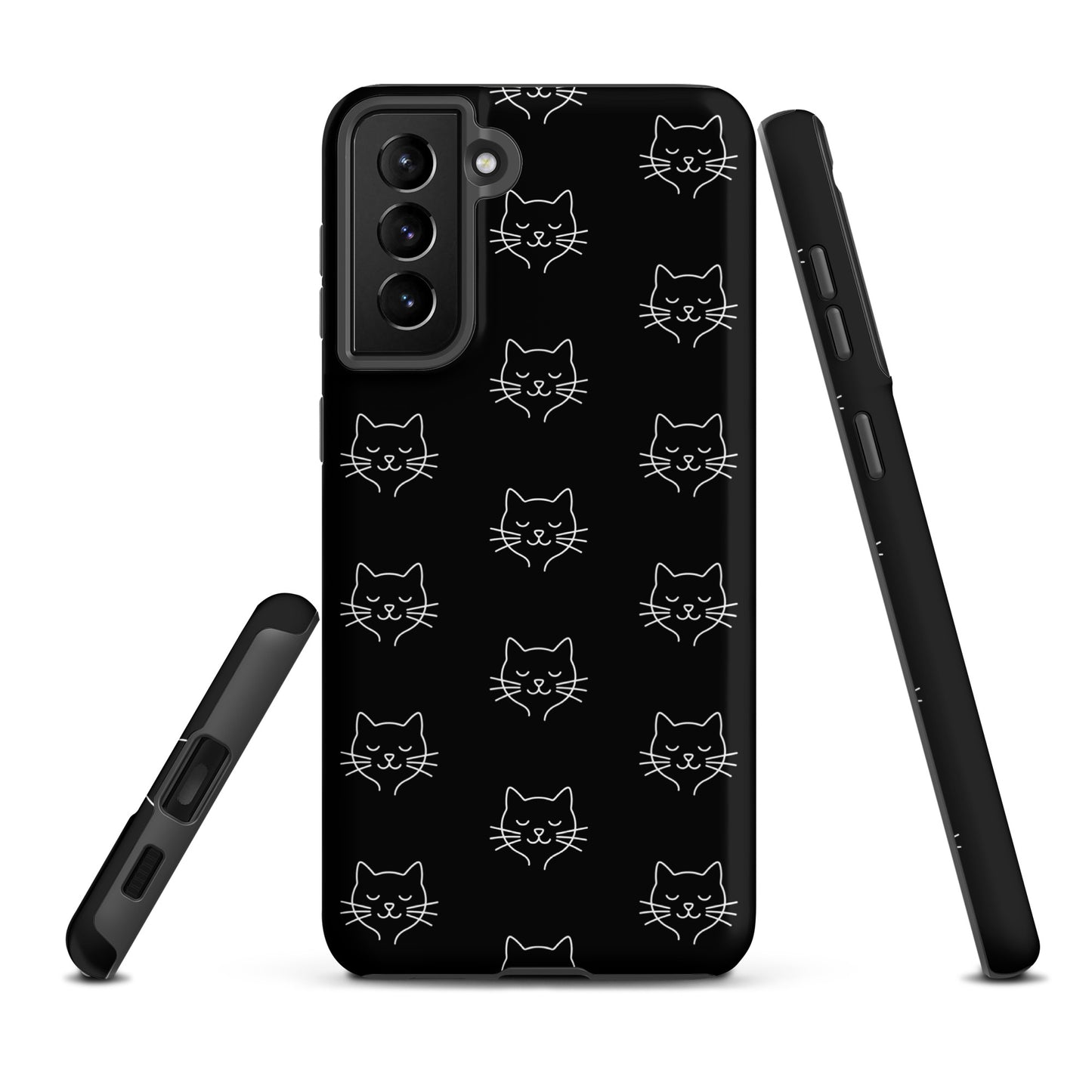 Phone Case for Samsung Galaxy with cute minimalist cat pattern design on black case.