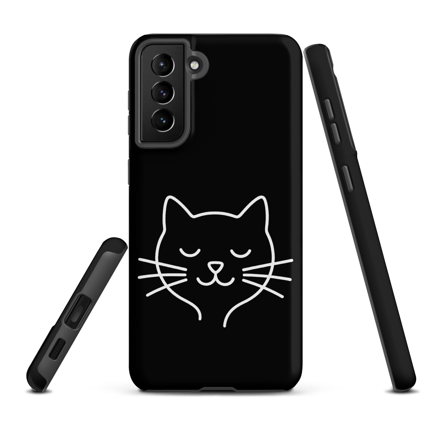 Phone Case for Samsung Galaxy with minimalist cat line art design, black cover, ideal for cat lovers seeking style and protection.