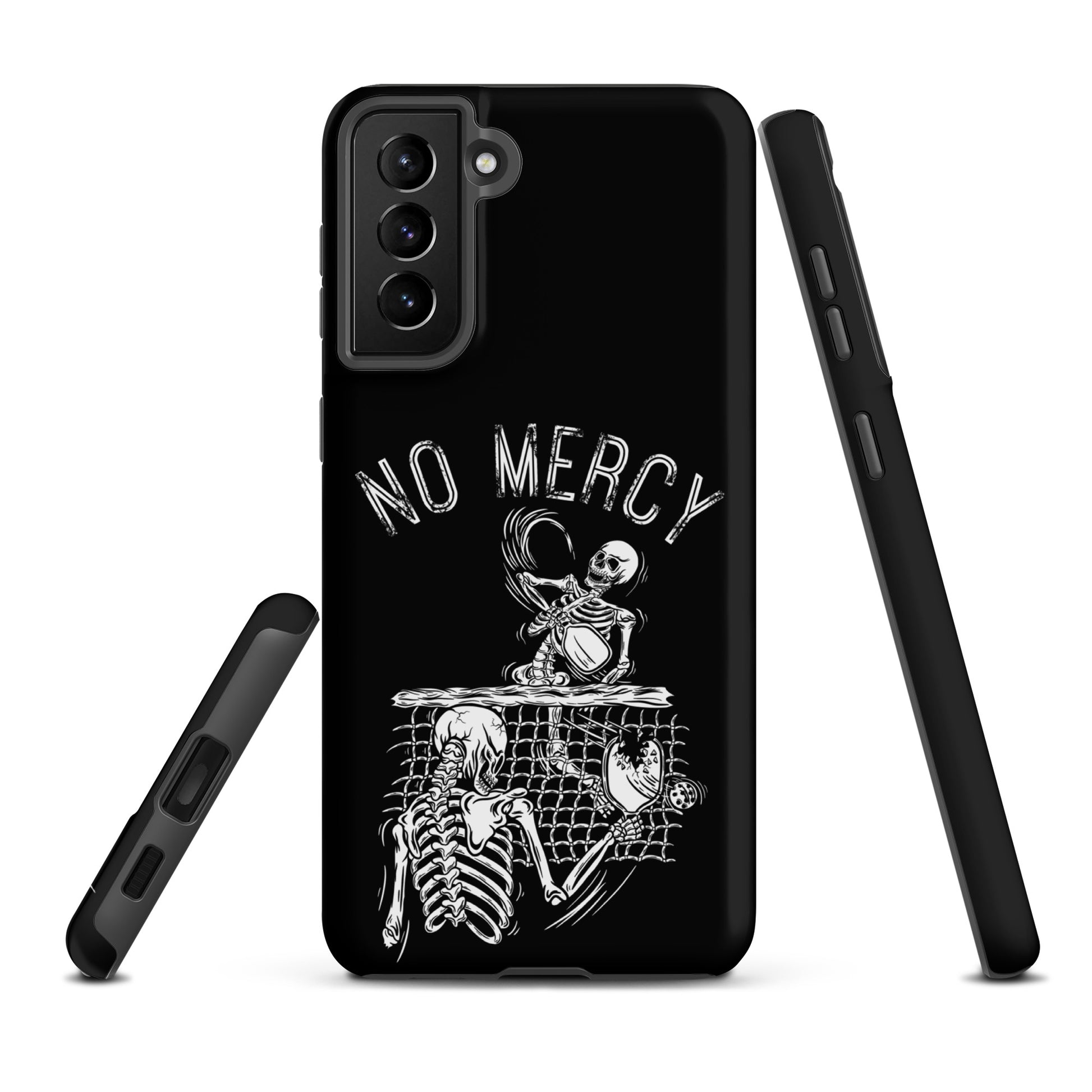 Pickleball Samsung Galaxy case with 'No Mercy' skeleton design for competitive players.