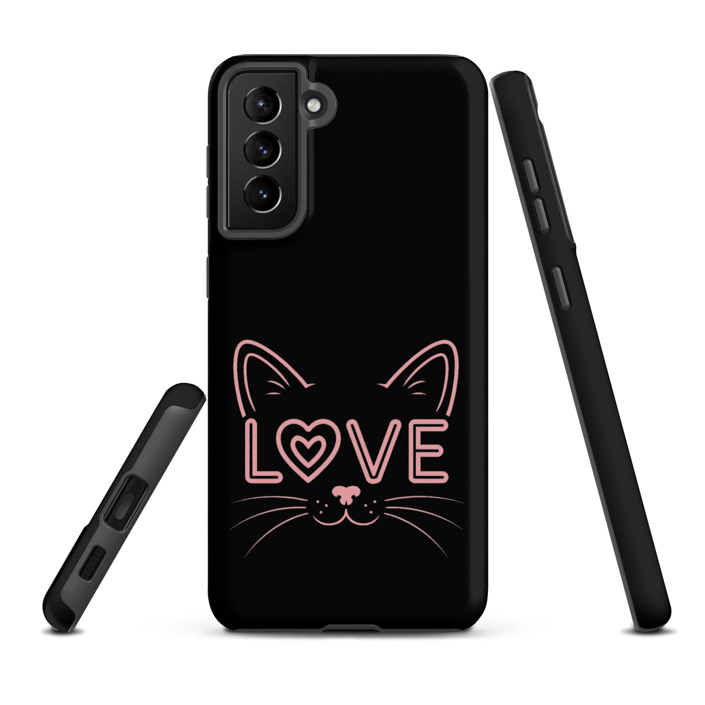 Cat Love phone case for Samsung Galaxy with stylish minimalist cat face design and 'love' text replacing an eye. Perfect for cat lovers.